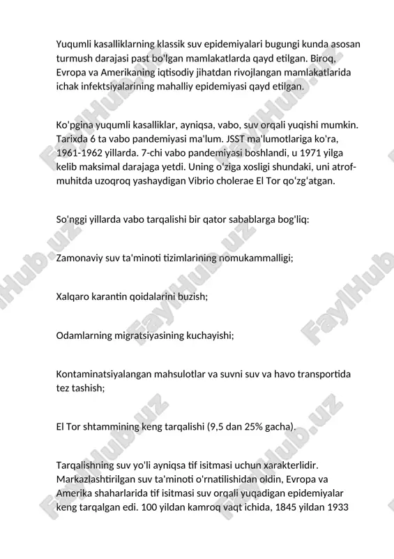 , ulardan 42 tasi markazlashtirilgan suv ta'minoti sharoitida va 39 ta epidemiya. sankt-peterburg tif isitmasi uchun endemik edi. 1927 yilda rostov-na-donuda va 1928 yilda krasnodarda tif isitmasi epidemiyasi katta suvda sodir bo'ldi. paratifli suv epidemiyalari mustaqil epidemiyalar sifatida juda kam uchraydi va odatda tif isitmasi epidemiyalari bilan birga keladi. bugungi kunda dizenteriya - bakterial va amyoba, yersenioz va kampilobakterioz suv orqali ham yuqishi ishonchli tarzda aniqlangan. nisbatan yaqinda legionella keltirib chiqaradigan kasalliklar muammosi paydo bo'ldi. legionella nafas olish yo'llari orqali aerozollardan kelib chiqadi va pnevmoniya sababi sifatida pnevmokokklardan keyin ikkinchi o'rinda turadi. ko'pincha ular suzish havzalarida yoki termal suvlar ishlatiladigan joylarda dam olish maskanlarida yoki favvoralar yaqinidagi suv changini yutish orqali yuqadi. suv kasalliklari qatoriga antropozoonozlar, xususan, leptospiroz va tulyaremiya kiradi. leptospirelar buzilmagan teri orqali kirib borish qobiliyatiga ega, shuning uchun odamlar ifloslangan suv havzalarida suzadigan joylarda yoki pichan o'rish va dala ishlarida tez-tez yuqadi. epidemiya epidemiyasi yoz-kuz davrida sodir …