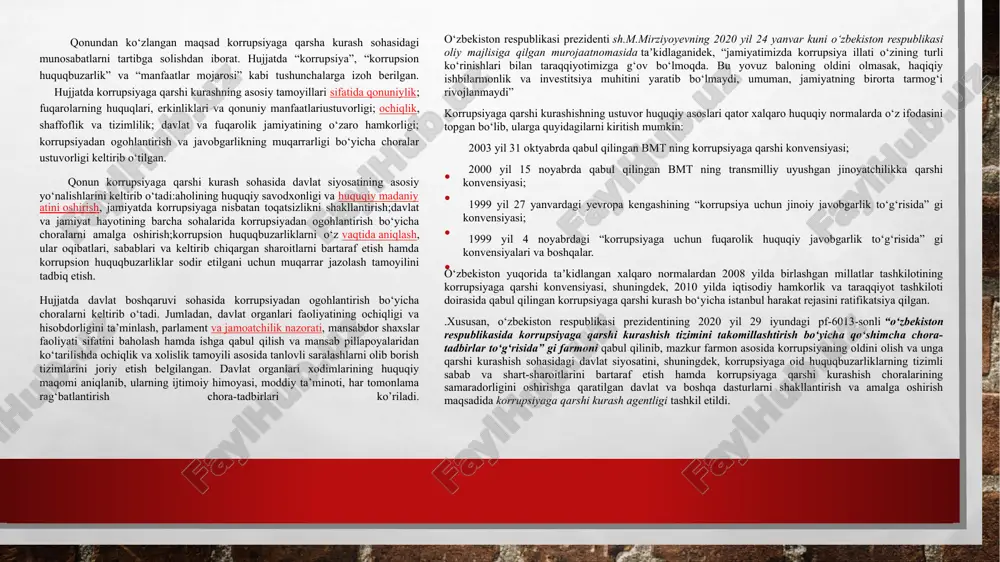 davlat boshqaruvi sohasida korrupsiyadan ogohlantirish bo‘yicha choralarni keltirib o‘tadi. jumladan, davlat organlari faoliyatining ochiqligi va hisobdorligini ta’minlash, parlament va jamoatchilik nazorati, mansabdor shaxslar faoliyati sifatini baholash hamda ishga qabul qilish va mansab pillapoyalaridan ko‘tarilishda ochiqlik va xolislik tamoyili asosida tanlovli saralashlarni olib borish tizimlarini joriy etish belgilangan. davlat organlari xodimlarining huquqiy maqomi aniqlanib, ularning ijtimoiy himoyasi, moddiy ta’minoti, har tomonlama rag‘batlantirish chora-tadbirlari ko’riladi. shuningdek, mazkur farmon asosida quyidagi chora-tadbirlarni bosqichma-bosqich amalga oshirish belgilanligi ahamiyatlidir, xususan:2020–2021 yillarda barcha davlat va xo‘jalik boshqaruvi organlarida korrupsiyaga qarshi ichki nazorat tizimi (“komplayens-nazorat”) ni bosqichma-bosqich joriy etish; davlat hokimiyati va boshqaruvi organlarining korrupsiyaga qarshi kurashish sohasidagi faoliyati, shuningdek ushbu sohadagi davlat va boshqa dasturlar samaradorligini monitoring qilish hamda baholash imkonini beruvchi e-anticor.uz elektron platformasini joriy etish; korrupsiya holatlari haqida xabardor qilish imkonini beruvchi maxsus mobil dasturiy taʼminotni joriy etish[1]. xorijiy amaliyot tahlili shuni ko‘rsatdiki, bozor iqtisodiyoti qonunlarga asoslangan mamlakatlarda korrupsiyaga qarshi kurashish sohasida davlat va …