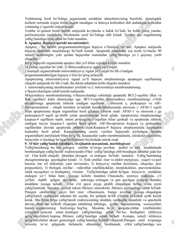 gen pigmentlar bo’lib, normada 3 xil moddada paydo bo’lib turadi. 1 guruh - gemoglobindan hosil bo’luvchi pigmentlar – gemoglobinogen pigmentlar. 2 guruh - tirozin, triptofandan paydo bo’luvchi pigmentlar. 3 guruh - yog’lardan hosil bo’luvchi pigmentlar - lipidogen pigmentlar. gemoglobindan normada doimo 3 xil pigment paydo bo’ladi: gemosiderin, bilirubin, ferritin. kasalliklar paytida yana normada uchramaydigan patologik pigmentlar paydo bo’lishi mumkin: gematoidin, gematin, porfirin. demak eritrotsitlar nobud bo’lib, parchalanganda res (retikulo-endotelial sistema) organlarida makrofaglar fagotsitozlab, gemoglobindan ko’pincha gemosiderin pigmentini hosil qiladi. gemosiderin makrofaglarning tsitoplazmasida to’planadi. demak, bu pigment hujayra ichida paydo bo’ladi. bu pigmentning ko’p miqdorda to’qimalarda to’planishiga gemosideroz holati deyiladi. umumiy gemosideroz bu - qon tomirlar ichida qonnning gemolizlanishi natijasida kelib chiqadi. bu intravaskulyar gemolizda uchraydi. bunga sabab: endogen va ekzogen zaharlanishlar. endogen zaharlanishlar: tireotoksikoz, uremiya. proteinogenli (tirozinogenli) pigmentlar 1. melanin, 1. enteroxromafin xujayralar granulalari pigmenti, 1. adrenoxrom 1. oxronoza pigmentlari kiritiladi. melanin - qora-qo’ng’ir pigment, terini, ko’z to’r pardasini, sochlarni …