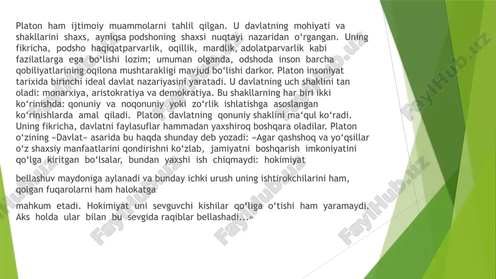 kkur haqidagi teologik, idealistik yo‘nalishlarining qandaydir absolyut ruh, oliy aqlning dunyo taraqqiyotini boshqarishi haqidagi qarashlariga asos bo‘lgan xix-xx asr g‘arb falsafasi tushunchasiga mazkur davrda vujudga kelgan noklassik ta’limotlar kiradi. shu davr mutafakkirlari klassik falsafasi asosiy-fundamental tushunchalarni tanqid ostiga oldilar, jumladan, «haqiqat», «aql» kabi tushunchalarni, hattoki falsafani fan sifatidagi predmeti va vazifasini ham qaytadan ko‘rib chiqishni maqsad qilib qo‘ydilar. shu davr faylasuflari «metafizika»ning umumiy, mavhum kategoriyalariga qarama-qarshi yakkalik, bevosita namoyonlik, yaqqollik tushunchalarini qo‘ydilar. obyektiv dunyoning umumiy qonunlaridan «dalillarni», «hayotni», subyekt ongining hodisalarini tahlil qilishga o‘tdilar; ratsionalizmdan, gegelning mantiqiy ta’limotidan irratsionalizmga, mutafakkirning badiiy, diniy, mifologik intuitsiyasiga o‘z e’tiborini qaratdilar. umumiy farovonlikka erishishda yakka manfaatni umumiy manfaatga bo‘ysindirishda ma’rifiy axloqqa qarshi yakka individning erkinligi, huquqi va g‘ururini, sha’nini qo‘ydilar. image1.jpeg image2.jpeg image3.jpeg /docprops/thumbnail.jpeg