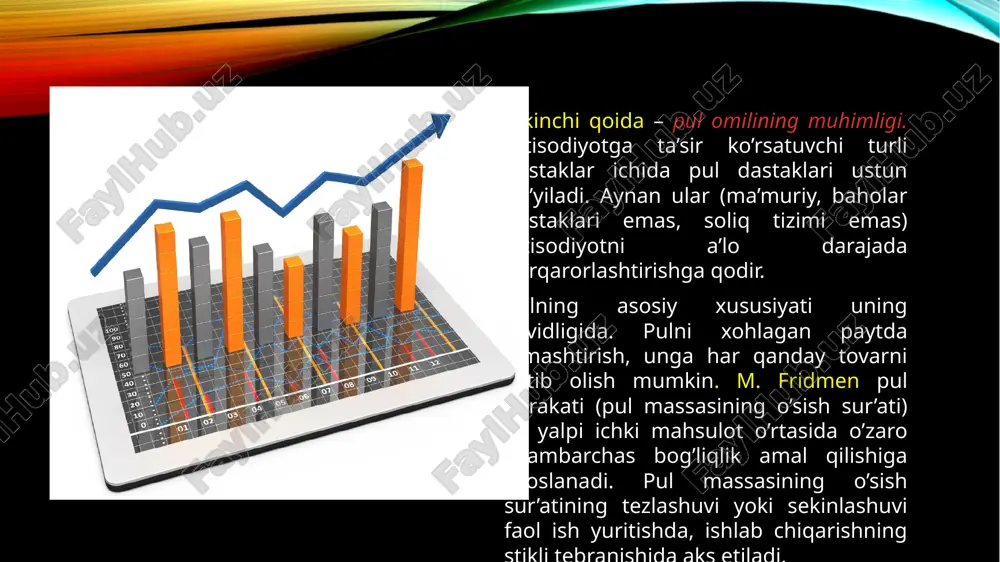 ne’matlar, inson kapitali. bir shakldagi boylikning qimmati oshishi, ikkinchisining pasayishi mumkin. shu bois, boylik shakllarining almashtirib turilishi, ulrani sotish va sotib olish operastiyalari doimo bo’lib turadi. odamlar o’z boyliklarini ancha likvidli aktiv – pul shakllarida ushlab turishga harakat qiladilar. pulga egalik qilish o’z-o’zidan daromad olib kelmaydi. pul zaxirasi, bir tomondan, kundalik xarajatlar uchun kerak bo’lsa, ikkinchi tomondan, aktivlarni pul shaklida saqlash muqobil daromad olish imkoniyatini yo’qotadi. yostiqning tagida, sandiqning tagida yotgan pullar ularning egalarini obligastiyalarni sotib olish, tadbirkorlikka pul qo’yish va boshqa yo’llar bilan daromad topishdan mahrum etadi. keynschilardan farqli ravishda, monetaristlarning tasdiqlashicha, pulga bo’lgan talab asosan ayirboshlash ehtiyojlari, boshqacha aytganda, transakstion sabablar bilan aniqlanadi. savol tug’iladi: odamlar o’z aktivlarining qancha qismini likvidli shaklida ushlab turishlari kerak? m.fridmen bo’yicha, tovar va xizmatlarni sotib olish uchun zarur bo’lgan qismini. kassa zaxirasisiz bo’lishi mumkin emas, lekin kassada kamroq pul saqlash maqsadga muvofiqdir. agar kassada pullari ko’payib ketsa, odamlar ularni ko’proq foiz yoki …