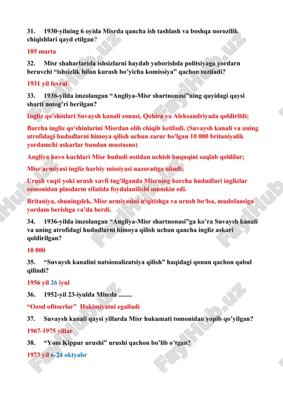 iyosatini amalga oshirilgan? anvar sadat 40. misrning qaysi prezidenti davrida ekstremistik tashkilotlar ustidan nazorat o'rnatildi? husni muborak 41. husni muborak davrida ……. muborak mamlakatda mavjud bo'lgan partiya va tashkilotlar bilan umumiy til topishishga bir qadar muvaffaqiyatli urunishlar qilib ko'rdi. ekstremistik tashkilotlar ustidan nazorat o'rnatildi. ichki siyosiy hayot jonlandi. mamlakatda saylovlar o'tkazilib, ularda garchi ko'pchilik ovozni milliy demokratik partiya (a.sadatning 1978-yildan hukmron partiyasi) va yangi vafd olgan bo'lsa-da, so'l partiyalarning ta'siri kuchaydi. 1987-yildan arab mamlakatlari bilan munosabatlar yaxshilana boshladi. misrning arab davlatlari ligasiga (adl) a'zoligi tiklandi. shuningdek, sobiq sssr bilan munosabatlar yaxshilandi. ayni vaqtda misr g'arb davlatlari, birinchi navbatda aqshdan har tomonlama yordam olishni davom ettirdi. 1990-yillarda bozor munosabatlarini jadal rivojlantirish va sanoat, qishloq xo'jaligi, infrastruktura va boshqa obyektlarni intensiv tarzda davlat tasarrufidan chiqarish nafaqat iqtisodiy, balki ijtimoiy sohalardagj islohotlarning asosiy yo'nalishiga aylanib bordi. 42. misrning qaysi prezidenti davrida “musulmon birodarlar” terrorchi tashkilot deb e’lon qilindi, uning faollari qatag‘onga uchradi? abdul …