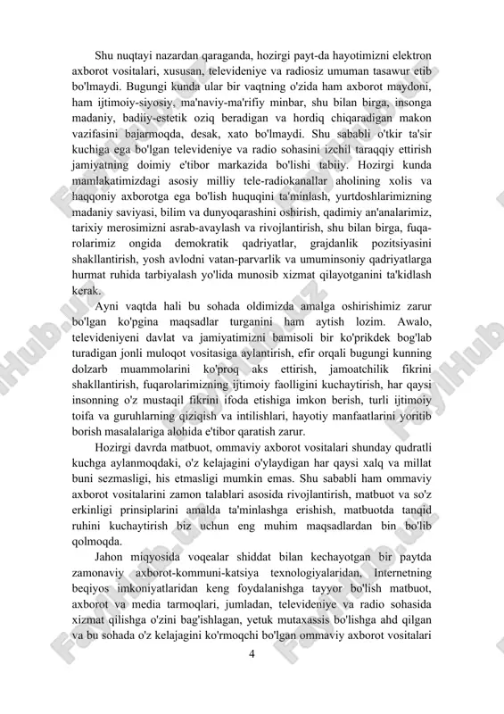 badiiy asar sinfiy bo'lishi va qandaydir g'oyaga, kommunistik mafkura manfaatlariga xizmat qilishi kerak, degan qarashlar bugun o'tmishga aylandi. erkin ijod uchun, milliy qadriyatlarimiz va boy ma'naviyatimizni, xal-qimiz tarixini, uning bugungi sermazmun hayotini to'laqonli va haqqoniy aks ettirish uchun zarur sharoitlar yaratildi. bugungi kunda o'z hayotini ana shunday mas'u-liyatli sohaga bag'ishlagan ko'plab iste'dod sohiblari yurtimizda yangi hayot, yangi jamiyatning ma'naviy asoslarini mustahkamlash, komil insonni tarbiyalash yo'lida munosib hissa qo'shib kelmoqda. ayniqsa, hozirgi vaqtda dunyoda kuchayib borayotgan turli ma'naviy tahdidlarning oldini olish, «ommaviy madaniyat»ning zararli ta'siridan farzandlarimizning ong-u tafakkurini himoya qilishda ilm-u fan va madaniyat jamoatchiligi, ijod ahlining o'rni va roli tobora ortib bormoqda. nega deganda, bizning milliy ruhimiz va tabia-timizga yot va begona bo'lgan ana shunday «madaniyat» namunalarini faqat tanqid va inkor qilish yoki ularni taqiqlash bilan biron natijaga erishib bo'lmaydi. bunday xatarlardan hayotimizni asrash, ma'naviy bo'shliqqa yo'l qo'ymaslik uchun awa-lambor ezgu insoniy g'oyalar va yuksak mahorat bilan yaratilgan asarlar orqali …