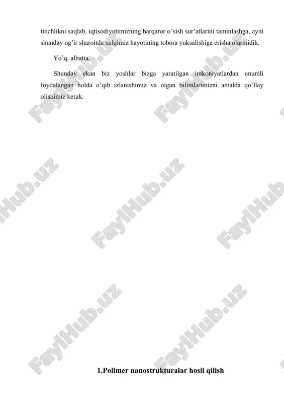 yuqori elastik deformatsiya rivojlanishiga ulgurmaydi. shu bois ma’lum harorat va ta`sir etuvchi kuch chastotasi ωk polimerlarda deformatsiya miqdori uning muvozanatli miqdoriga yqin bo`ladi . polierlar - shishasimon holatda va yuqori elastiklik holatda bo`ladi. polimer yuqori elastiklik xolatida bo`lsa, deformatsiya o`zgarishi kuzatiladi. polimer morfologiyasiga xos elektr o’tkazuvchanlik. polimer morfologiyasiga xos elektrofizik tavsiflar. polimerlarda elektro o’tkazuvchanlik elektronlar va ionlar harakati asosida amalga oshiriladigan jarayonlardir. ular yarim o’tkazgichlar va dielektriklar deb tavsiflanadigan moddalar polimerlarning ma’lum bir ko’rinishini harakterlaydi. ammo polimerlar hozirgi paytda o’tkazgich ko’rinishidagi polianalin, piletilin sintez qilingan. polimerlarning elktr o’tkazuvchanligiga qarab, boshqa tizim va birikmalar orasida alohida o’ringa ega. musbat zarralar: ion–keraminlarda paxta, vizkoza, qog’oz-selluloza, plastik profillar. manfiy zaryadlar: plastiklar, plyonkalar, polietilin. solishtirma hajmiy elektr qarshilik (ρ) yuqori o’tkazuvchanlik (k) erkin zarrachalar elektronlar yoki ionlar mavjudligi va ularni harakatlanganligi bilan baholanadi. polimer zanjirlari zaryad tashishda qatnashmaydi. polimerlarning elektr o’tkazuvchanligi juda kichik va ionlar harakatiga bog’liq. polimerlar shishasimon bo’lsa k=10-11 ÷10-17 cm/m bilan …