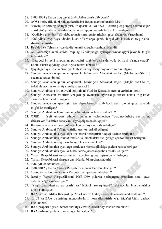 obda to’g’ri ko’rsatilgan? 71. 1967-yilda bo’lib o’tgan “olti kunlik urush”da suriya qaysi hududlarini boy bergan? 72. foqt (falastinni ozod qilish tashkiloti) shtab-kvartirasini 1987-yilda qayerga ko’chirilgan? 73. vashingtonda isroil va foqt o‘rtasida “oslo i kelishuvi” (“tamoyillar deklaratsiyasi”) qachon imzolangan? 74. birlashgan arab respublikasi (bar) qaysi davlatlar o’rtasida tashkil etilgan? 75. 1946-yil 17 aprelda suriyada…… 76. 1945-yil 26-yanvarda suriya qaysi davlatlarga urush e’lon qildi? 77. 1920-yil 24-iyulda fransuz armiyasi suriya qo'shinlarini o’rtasida bo’lib o’tgan jang tarixda qaysi nom bilan qolgan? 78. muhammad ibn idris sanusiy kim? 79. qaysi yillarda liviyada “jamahiriya” (omma davlati) faoliyat yuritgan? 80. 2004-yilda liviyaga to'g'ridan-to'g'ri xorijiy investitsiyalar hajmi qanchani tashkil etgan? 81. qaysi davlat qaddafiyni “oldindan aytib bo'lmaydigan ekstremist” sifatida e’tirof etgan? 82. 1974-yil 26-yanvarda liviya qaysi davlat bilan siyosiy ittifoq tuzdi? 83. bmt qachon liviyaga qarshi xalqaro sanksiyalar joriy qildi? 84. ……. bu – jismoniy shaxslarning birgalikda tadbirkorlik faoliyatini olib borish uchun ixtiyoriylik asosida birlashuvi. 85. 1977-yil …