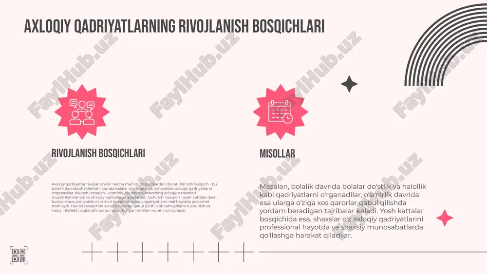 tsiyalarga asoslangan. ularning xususiyatlari orasida ijodkorlik, tasavvur va ijodiy yondashuvlar mavjud. o'zgaruvchanlik va doimiylik o'rtasidagi muvozanat, zamonaviy estetik qadriyatlarning asosiy jihatlaridan biridir, chunki ular eski qadriyatlarni yangilash va yangi tendentsiyalarni qabul qilishga intilishadi. estetik qadriyatlar va madaniyat estetik qadriyatlar va madaniyat o‘rtasidagi bog‘lanish estetik qadriyatlar, san’at, go‘zallik, estetik tajriba, madaniyat. madaniyat va estetik qadriyatlar o‘rtasidagi o‘zaro ta’sir madaniyat estetik qadriyatlarni shakllantiradi va ularga asoslanadi. estetik qadriyatlar esa madaniy ifodalarda o‘z aksini topadi, bu jarayon orqali xalqning ma’naviyati va tarixiy merosi namoyon bo‘ladi. misollar orqali estetik qadriyatlar va madaniyatni tushuntirish masalan, o‘zbekistonning an’anaviy san’atida, milliy naqshlar va ranglar estetik qadriyatlarni ifodalaydi va bu elementlar madaniyatimizning ajralmas qismidir. bunday san’at asarlari xalqning tarixiy va madaniy xotirasini saqlaydi. estetik qadriyatlarning ta'siri estetik qadriyatlar ijtimoiy hayotga ta'siri: go'zallik, san'at, madaniyat, estetik tafakkur, insoniylik. estetik qadriyatlar ijtimoiy kontekstdagi roli: ular odamlar orasida muloqotni kuchaytiradi, turmush tarzini shakllantiradi va ijtimoiy munosabatlarni mustahkamlaydi. iqtisodiy kontekstdagi roli: estetik …