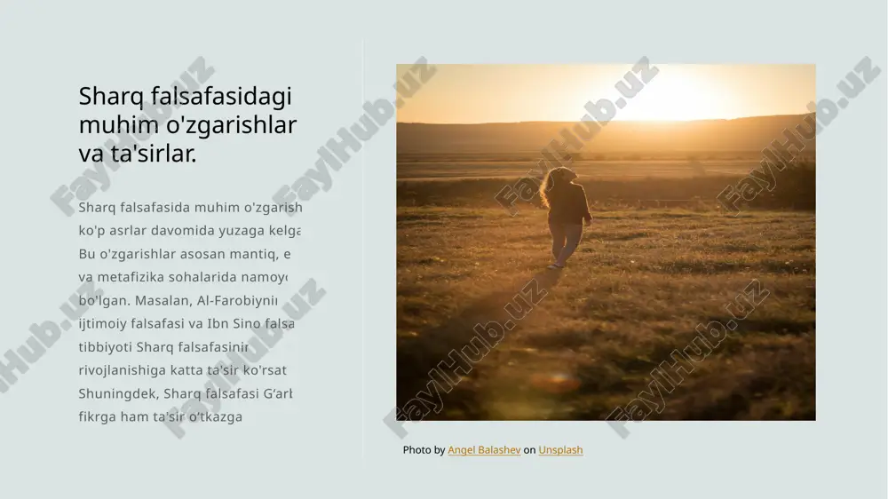i falsafasi sharqona g'oyalar bilan bog'langan holda, madaniyat va ilm-fanning rivojlanishida muhim rol o'ynadi. xulosa 1 sharq falsafasining ahamiyati sharq falsafasi insoniyat tafakkurining rivojlanishida muhim rol o'ynagan. uning o'ziga xosligi va boyligi, zamonaviy falsafa uchun asos yaratdi. 2 tarixiy davrlar va bosqichlar sharq falsafasi tarixiy davrlar davomida turlicha bosqichlardan o'tdi. har bir davr o'ziga xos fikrlar va qarashlar bilan ajralib turadi. 3 uyg'onish davrining ta'siri uyg'onish davri sharq falsafasiga yangi g'oyalar va yo'nalishlar olib keldi. bu davrda mashhur shaxslar falsafiy tafakkurni rivojlantirdilar. e'tiboringiz uchun rahmat! image1.jpg image2.jpg image3.jpg /docprops/thumbnail.jpeg