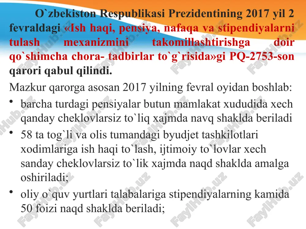 fuqarolar va uyjoy sharoitini yaxshilashga muxtoj boshqa fuqarolarning yashash sharoitini imtiyozli shartlarda ipoteka kreditlari ajratish xamda shaxar va kishloq joylarda arzon uylar kurish orkali yanada yaxshilash; axolining kommunal-maishiy xizmatlar bilan ta’minlanish darajasini oshirish, eng avvalo, yangi ichimlik suvi tarmoklarini kurish, tejamkor va samarali zamonaviy texnologiyalarni bosqichma-bosqich joriy etish orkali kishlok joylarda axolini taza ichimlik suvi bilan ta’minlashni tubdan yaxshilash; odamlarning ekologik xavfsiz muxtgda yashashini ta’minlash, maishiy chikindilarni qayta ishlash komplekslarini kurish va modernizatsiya qilish, ularning moddiy-texnik bazasini mustaxkamlash, chikindilarni yuk qilish buyicha zamonaviy ob’ektlar bilan ta’minlash; axoliga transport xizmati kursatishni tubdan yaxshilash, yulovchi tashish xavfsizligini oshirish va atrof muxitga zararli moddalar chiqishini kamaytirish, xar tomonlama kulay yangi avtobuslarni sotib olish, avtovokzal va avtostansiyalarni kurish xamda rekonstruksiya qilish; yul infratuzilmasi kurilishi va rekonstruksiya kilinishini davom ettirish, eng avvalo, mintakaviy avtomobil yullarini rivojlantirish, xujaliklararo kishlok avtomobil yullarini, axoli punkta kuchalarini kapital va joriy ta’mirlash; yangi elektr energiya ishlab chikarish kuvvatlarini kurish va …