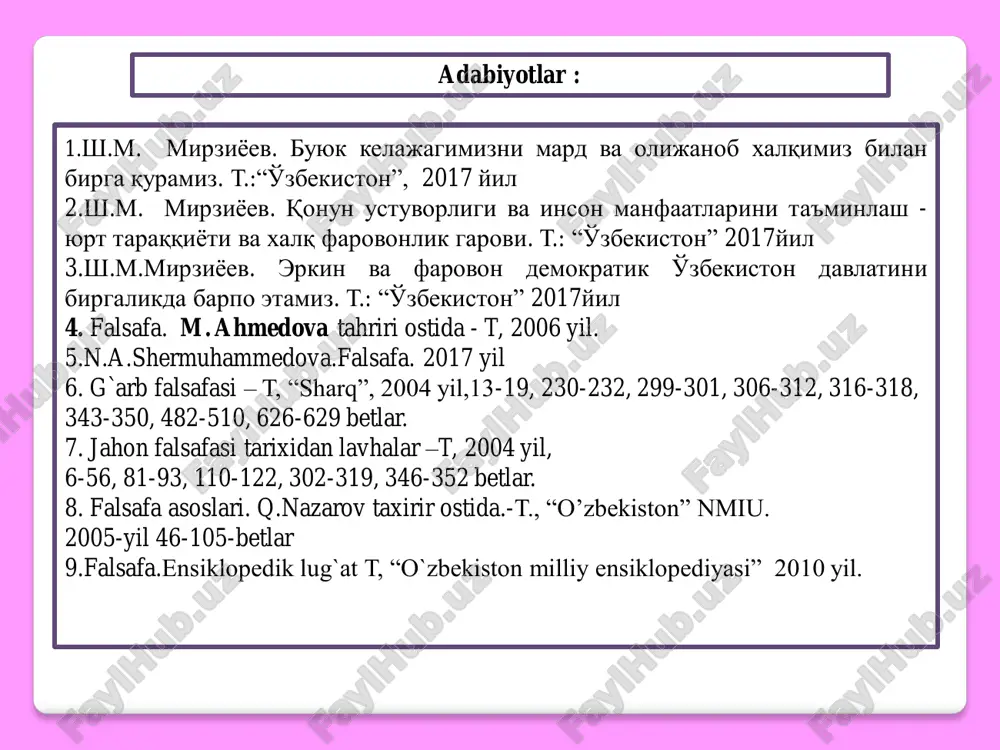 lov va suvdan, bular doimiy aylanishda bo`lishadi. qadimgi xitoy mifologiyasi va falsafasi olam, inson va tabiatning vujudga kelishining birinchi tushuntirishini berdi, insonni anglash, tabiat hodisalarini tushuntirishini berdi, insonni anglash, tabiat hodisalarini talqin qilinishi xitoyning olamga mashhur falsafa maktablari – daosizm, konfusianlik, legizmning yaralishiga zamin yaratdi. shakli bo`yicha tuxumni eslatadiga buyuk xaos; xaos-tuxumda 18000 yil mobaynida butun borliqning birinchi ajdodi – pan`- guning vujudga kelishi; pan`-guning tuxumdan chiqishi tuxumsimon xaosning nobud bo`lishiga olib keldi; xaosdan osmon va yerning paydo bo`lishi: 18000 yil mobaynida pan`-guning osmon va yer o`rtasida turishi oqibatida osmon va yerning o`z joylarida mustahkamlanishi; pan`-guning o`limi, uning tanasidan butun borliqning vujudga daosizm – xitoyning kadimiy falsafiy ta’limoti 11 daosizm – xitoyning kadimiy falsafiy ta’limoti, olamning tuzilishi va mavjudligi (yashashi)ni tushuntirishga va inson, tabiat, koinot yurishi kerak bulgan yulni topishga xarakat kiladi. bu ta’limot asoschisi lao szi (keksa ustoz) – mil. avv vi – v aa. yashagan. asosiy manbalari - …