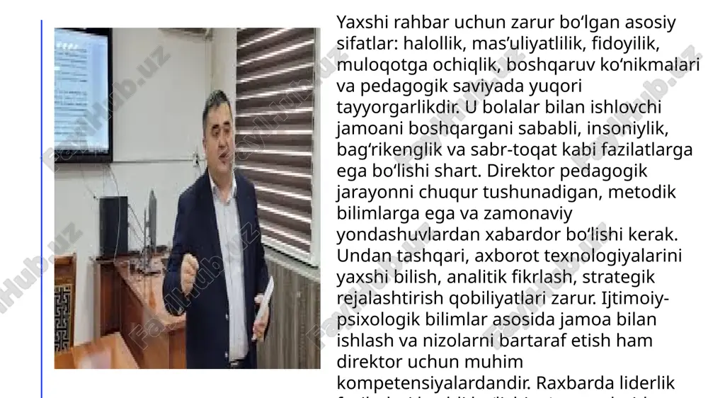 dagoglar faoliyatini baholashda ham monitoring muhim rol o‘ynaydi. rahbar tashqi va ichki monitoring shakllarini uyg‘unlashtiradi, ota-onalarning fikrlarini inobatga oladi. baholash natijalari asosida tahliliy hisobotlar tuzadi va keyingi faoliyatni rejalashtiradi. monitoring jarayonida zamonaviy vositalardan, raqamli texnologiyalardan foydalaniladi. bunday tizim ta’lim jarayonini doimiy nazorat ostida olib borishga yordam beradi. natijada ta’lim sifati oshadi, bolalarning qamrovi va rivojlanish darajasi ortadi. image1.png image2.png image3.png image4.png image5.png image6.png image7.png image8.png /docprops/thumbnail.jpeg