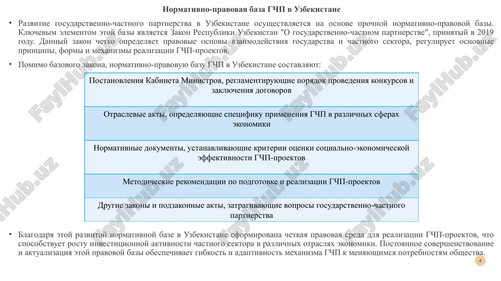 iki energii. krome togo, pri uchastii chastnogo sektora bili realizovani proekti po rekonstruktsii i rasshireniyu elektricheskix setey, povisheniyu nadejnosti i energoeffektivnosti infrastrukturi. eti investitsii sposobstvuyut obespecheniyu stabilnogo energosnabjeniya, a takje razvitiyu energeticheskix moshnostey v sootvetstvii s rastushimi potrebnostyami ekonomiki. 6 rol gosudarstva v razvitii gchp 7 sozdanie pravovoy bazi gosudarstvo igraet klyuchevuyu rol v sozdanii prochnoy normativno-pravovoy bazi dlya razvitiya gosudarstvenno-chastnogo partnerstva v uzbekistane. zakoni, postanovleniya i drugie normativnie akti, reguliruyushie gchp, opredelyayut chyotkie pravila vzaimodeystviya gosudarstva i biznesa, garantiruyut zashitu prav i interesov uchastnikov, a takje obespechivayut prozrachnost provedeniya konkursov i zaklyucheniya dogovorov. etot prochniy pravovoy fundament sozdayot blagopriyatnie usloviya dlya privlecheniya chastnix investitsiy v realizatsiyu sotsialno znachimix infrastrukturnix i sotsialnix proektov. finansovaya podderjka gosudarstvo takje okazivaet aktivnuyu finansovuyu podderjku gchp-proektam. eto mojet virajatsya v predostavlenii byudjetnix assignovaniy, gosudarstvennix garantiy, nalogovix lgot i drugix mer stimulirovaniya chastnix investitsiy. takaya finansovaya pomosh pozvolyaet snizit riski dlya chastnix investorov i sdelat …
