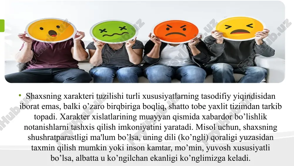 tog’risida xilma-xil qarashlar mavjuddir (krechmer, sheldon va boshqalar). aksariyat psixologlarning e'tirof etishlaricha, organizmning nasliy xususiyatlari xarakter xislatlarining paydo bo’lishidagi shartlaridan biri xisoblanadi, xolos. ma'lumki xarakter xususiyatlari irsiyatning biologik qonuniyatlari bilan emas, balki ijtimoiy qonuniyatlar tavsiflanadi. ushbu masalani irsiyatga boqlab tushuntirishi gomozigot egizaklarni o’rganish orqali inkor qilinadi, chunki ularning nasliy xususiyatlari aynan bir xildir. ular temperament xususiyatlari bo’yicha tubdano’xshash bo’lsalarda lekin xarakter xislatlariga ko’ra bir-biridan keskin farq qilidilar. shuning uchun xarakterning shaxs turmush sharoitiga boqliqligini: xarakter tarkib topishi muayyan qonuniyatlar ta'sirida amalga oshadi. xarakterning shar bir xislati shaxs munosabatlariga boqliq bo’lsa ular o’z navbatida ijtimoiy munosabatlar bilan belgilanadi. nasliy xususiyatlari bir qil egizaklarda turlicha ijtimoiy mushitda shar xil xarakter xislatlari shakllanadi. shu sababdan ijtimoiy tuzimni tavsiflovchi keng ijtimoiy munosabatlar shaxsning ijtimoiy tipik xususiyatlarigina emas, bilki xarakterning individual xususiyatlari (xislatlari) tarkib topishiga sham katta ta'sir o’tkazadi. a) uning fiziologik asosi sham b) tashqi taassurotlar tizimi tufayli vujudga keladigan shartli reflektor funksional sholati …