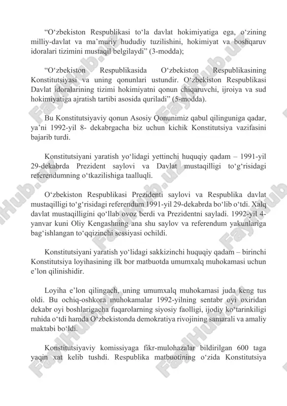 labki bosqichida kelib tushgan ko‘plab fikr-mulohazalar va takliflar o‘z ifodasini topdi. fuqarolarimiz konstitutsiyaviy komissiya tomonidan ularning ovozi eshitilganiga, takliflari tegishli ravishda ko‘rib chiqilib, inobatga olinganiga ishonch hosil qildilar. konstitutsiyani yaratish yo‘lidagi o‘ninchi huquqiy qadam – konstitutsiya loyihasining qabul qilinishidir. konstitutsiyaviy komissiya tomonidan 1992-yil 6-dekabrda konstitutsiya loyihasi oxirgi marta muhokama etildi. parlament deputatlari tomonidan loyiha moddama-modda muhokama qilinib, unga yana bir qator o‘zgartishlar kiritilgach, 1992-yil 8-dekabr kuni bosh qomusimiz qabul qilindi. shu kundan e’tiboran, 8 dekabr – umumxalq bayrami deb e’lon qilindi. mustaqil o‘zbekistonning birinchi konstitutsiyasi yangi mustaqil jamiyatning ishonchli huquqiy kafolatlarini shakllantirdi va mustahkamladi. prezidentimiz tashabbusi bilan ishlab chiqilgan va 2017-yil 7-fevralda tasdiqlangan “2017 — 2021-yillarda oʻzbekiston respublikasini rivojlantirishning beshta ustuvor yoʻnalishi boʻyicha harakatlar strategiyasi”ni amalga oshirishning toʻrtinchi yili ham yakuniga yetmoqda. oʻzbekiston respublikasi konstitutsiyasi negizida ishlab chiqilgan harakatlar strategiyasi oʻtgan qisqa davrda davlat va jamiyatni rivojlantirishning mutlaqo yangi bosqichiga asos soldi. bu muhim hujjat tom maʼnoda yangi oʻzbekistonni bunyod …