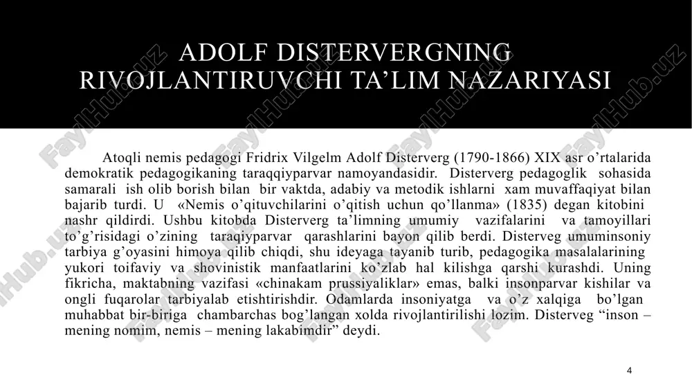 shlari” jamoasi burjua demokratik islohotlar o'tkazishni talab qilib, bu kurashda ishtirok etdi. “chex qardoshlar” jamoasi o'z safiga chex xalqining ozodligi va mustahkamligi uchun kurashib kelayotgan vatanparvarlarni birlashtirdi. chex xalqining ozodligi uchun kurash yevropa xalqllari feodalizmga qarshi olib borilayotgan kurashning bir qismi edi. chex qardoshlari cherkovning diniy marosimlarini bajarishdan voz kechdilar, dvoryanlarga qarshi kurashdilar hamma bolalarga ijtimoiy ta`lim berishni amalga oshirdilar, kambag'al oilalarga yordam berdi. obrazets teksta nijnego kolontitula 7 8 go'daklikda jismoniy jihatdan o'sadi va sezgi organlari rivojlanadi. bolalik davrida eslash qobiliyati, til va qo'li rivojlanadi. o'smirlik davrida tafakkuri o'sadi. yetuklik davrida iroda takomillashadi. komenskiy bolalarni 6 yoshga qadar onalar maktabida tarbiyalashni taklif qiladi. bolalik davrida jamoalar va qishloqlarda ona tilida olti yillik boshlang'ich maktab bo'lishi lozim. o'smirlar uchun shaharlarda lotin maktabi yoki gimnaziya bo'lishi kerak. komenskiy hamma uchun umumiy maktab bo'lishi lozim degan fikrni ilgari surdi. uning fikricha onalar maktabida bolalar boshlang'ich ma`lumot, tabiat ilmi sohasida suv yer, havo, …