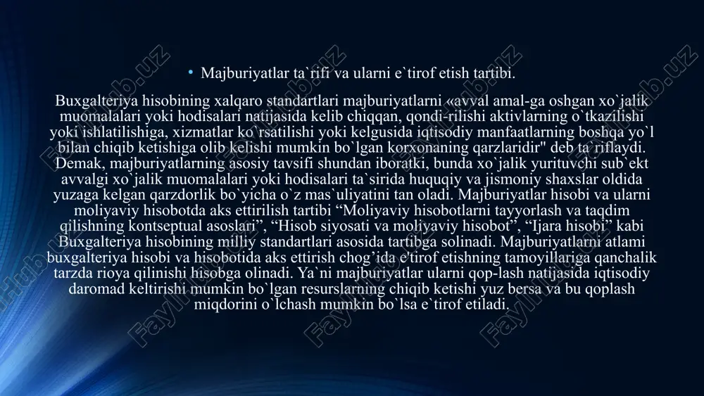 ktivlar bilan birga ko'rsatiladi va korxonaning moliyaviy holatini baholashda muhim rol o'ynaydi. 4. majburiyatlar hisobi va soliq • majburiyatlar hisobi soliq hisoboti bilan ham bog'liq. korxona o'z majburiyatlarini to'g'ri hisobga olishi va soliq qonunchiligiga muvofiq to'lovlarni amalga oshirishi kerak. xulosa majburiyatlar hisobi korxonaning moliyaviy holatini baholashda va moliyaviy barqarorligini ta'minlashda muhim ahamiyatga ega. bu jarayon majburiyatlarni to'g'ri hisobga olish, boshqarish va moliyaviy hisobotlarda aks ettirishni o'z ichiga oladi. korxonalar o'z majburiyatlarini samarali boshqarish orqali moliyaviy risklarni kamaytirishi va barqaror rivojlanishini ta'minlashi mumkin image2.jpg image3.png image4.jpg image1.jpg /docprops/thumbnail.jpeg
