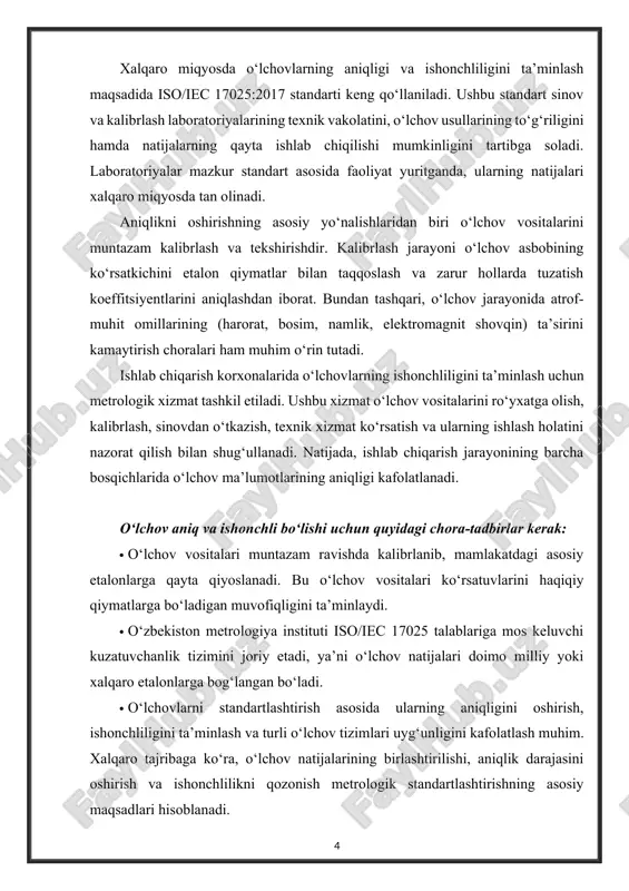 nib, mamlakatdagi asosiy etalonlarga qayta qiyoslanadi. bu o‘lchov vositalari ko‘rsatuvlarini haqiqiy qiymatlarga bo‘ladigan muvofiqligini ta’minlaydi. · o‘zbekiston metrologiya instituti iso/iec 17025 talablariga mos keluvchi kuzatuvchanlik tizimini joriy etadi, ya’ni o‘lchov natijalari doimo milliy yoki xalqaro etalonlarga bog‘langan bo‘ladi. · o‘lchovlarni standartlashtirish asosida ularning aniqligini oshirish, ishonchliligini ta’minlash va turli o‘lchov tizimlari uyg‘unligini kafolatlash muhim. xalqaro tajribaga ko‘ra, o‘lchov natijalarining birlashtirilishi, aniqlik darajasini oshirish va ishonchlilikni qozonish metrologik standartlashtirishning asosiy maqsadlari hisoblanadi. bularning barchasi mahsulot sifati nazoratining asosiy omillari bo‘lib, yuqori aniqlik va ishonchlilik kafolati bilan ta’minlangan o‘lchovlar mahsulot sifatini samarali boshqarish imkonini beradi. 3. metrologik nazoratning mohiyati va vazifalari metrologik nazorat bu metrologiya xizmatlari tomonidan o‘lchash jarayonida foydalaniladigan asbob-uskunalar va usullarning muvofiqligini baholash faoliyatidir. masalan, mahalliy o‘quv qo‘llanmada metrologik tekshiruv va nazorat quyidagicha aniqlangan: “metrologik tekshiruv me’yoriy hujjatlar talablariga muvofiqligini aniqlash va tasdiqlash”, “metrologik nazorat o‘lchash jarayoni elementlarining holati, ishlatilishi va qoida talablariga rioya etilishini baholash”. ya’ni metrologik tekshiruvda asosan …
