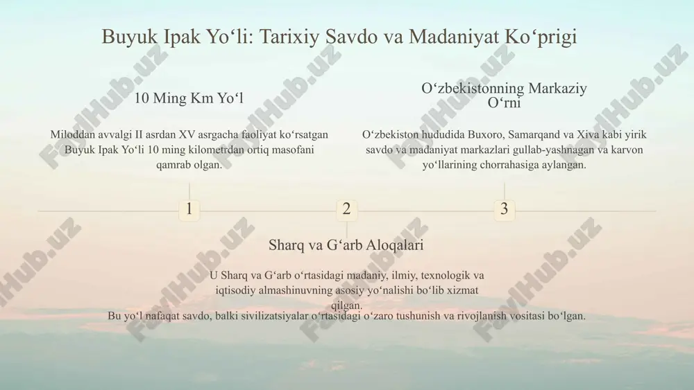 buyuk ipak yoʻli durdonalari samarqand va buxoro shaharlarining meʼmoriy majmualari ipak yoʻlining shon-shuhratini oʻzida mujassam etgan. samarqanddagi registon ulugʻvor madrasalarning moviy gumbazlari va koshinlari ipak yoʻli chorrahasidagi eng goʻzal joylardan birini tashkil etadi. buxoroning qadimiy binolari buxoroning tor koʻchalari, labi hovuz va poi kalon majmuasi asrlar davomida savdo va maʼnaviyat markazi boʻlganligidan guvohlik beradi. 1.7.2013 6 ‹#› barqaror turizm va ipak yoʻlining rivojlanish strategiyalari merosni saqlash loyihalari hukumat tarixiy obidalarni asrash va turizm infratuzilmasini yaxshilashga qaratilgan investitsiya loyihalarini amalga oshirmoqda. ekoturizmni rivojlantirish madaniy merosni koʻrsatish bilan birga, ekologik turizm va masʼuliyatli sayohat orqali mintaqaviy iqtisodiyotni qoʻllab-quvvatlash. infratuzilmani yaxshilash zamonaviy aeroportlar, yuqori tezlikda harakatlanuvchi poyezdlar va xalqaro standartlarga javob beradigan mehmonxonalarni qurish orqali sayyohlar uchun qulayliklar yaratish ustida ishlanmoqda. 1.7.2013 7 ‹#› ipak yoʻli turizmi: raqamlar va faktlar ipak yoʻli mavzusidagi sayyohlikka qiziqish sezilarli darajada oʻsib bormoqda, bu esa oʻzbekistonning turizm sohasida katta salohiyatga ega ekanligini koʻrsatadi. 40% tarixga qiziqish 2024-yilda …
