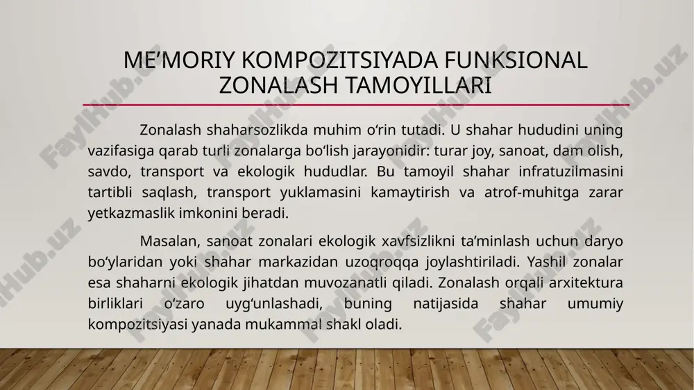 urar joylarini, sanoat zonalarini, transport tizimini, ijtimoiy infratuzilmani va yashash muhitini uyg‘unlashtirishga qaratilgan ilmiy-amaliy faoliyatdir. har bir shahar o‘zining tabiiy, iqtisodiy, tarixiy va ijtimoiy sharoitlariga mos holda rejalashtiriladi. shaharni to‘g‘ri rejalashtirish nafaqat qulay yashash muhitini yaratadi, balki iqtisodiy samaradorlikni ham oshiradi. shahar tuzilmasi — bu transport yo‘llari, turar joylar, sanoat zonalari, yashil hududlar, ijtimoiy-maishiy binolar va jamoat markazlarining o‘zaro joylashuvini anglatadi. bu elementlar bir-biri bilan kompozitsion uyg‘unlikda bo‘lishi zarur. aks holda shahar muvozanatini, harakat qulayligini va vizual uyg‘unlikni yo‘qotadi. shaharning umumiy me’moriy kompozitsion yechimi — bu nafaqat binolar va yo‘llarning joylashuvi, balki insonlar uchun qulay, xavfsiz va estetik muhit yaratishdir. to‘g‘ri tanlangan kompozitsion yechim shaharni zamonaviy, ekologik barqaror va madaniy jozibador qiladi. bugungi kunda shaharlarni rejalashtirishda barqaror rivojlanish tamoyillari, ekologik muvozanat va texnologik innovatsiyalar asosiy mezon bo‘lib xizmat qilmoqda. foydalanilgan adabiyotlar: karimov a. “shaharsozlik asoslari”, toshkent: o‘qituvchi, 2019. tursunov m. “arxitektura va shaharsozlik nazariyasi”, toshkent, 2021. o‘zbekiston respublikasi qurilish kodeksi, …