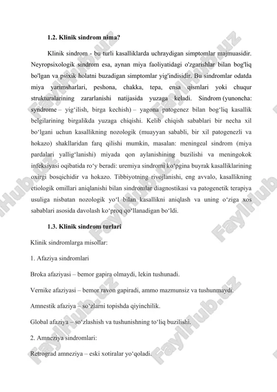 ezovtalanishi sababsiz og‘riqlar bilan- fibromialgiya sindromi – doimiy mushak og‘riqlari va charchoq. 11. gormon bilan bog‘liq sindromlar: kushing sindromi – ortiqcha kortizol tufayli yuz, tana va ruhiy holat o‘zgarishi. addison sindromi – buyrak usti bezlarining yetishmovchiligi, holsizlik, qorayish. 2.1. neyropsixologik sindromlar va ularning xususiyatlari. neyropsixologiya - bu psixologiya va nevrologiyaning kesishmasida joylashgan fanlararo ilmiy yoʻnalish boʻlib, miyaningtuzilishi va faoliyati bilan tirik mavjudotlarning ruhiy jarayonlari va xatti-harakatlari oʻrtasidagi munosabatlarni tushunishga qaratilgan. neyropsixologiya ilmiy usulni qo ʻllaydi va individual psixik jarayonlarni axborotni qayta ishlash jarayonlari sifatida ko ʻ rib chiqadi. kontseptsiya kognitiv psixologiya va kognitiv fandan kelib chiqadi. bu psixologiyadagi eng eklektik fanlardan biri boʻlib, falsafa (ayniqsa , aql falsafasi), nevrologiya, psixiatriya va kompyuter fanlari (ayniqsa, sun ʼiy neyron tarmoqlarini yaratish va o ʻ rganishda) tadqiqotlari bilan kesishadi. amalda, neyropsixologlar asosan tadqiqot va klinik tadqiqot tashkilotlarida, ixtisoslashgan klinikalarda (klinik neyropsixologiya), sud-tibbiyot va tergov idoralarida (koʻpincha sud ishlarida sud-tibbiyot fanlari bilan shugʻullanadi) yoki …