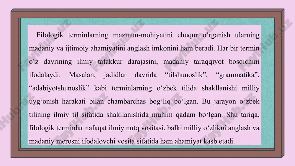 monidan ham ishlatiladi va bu ularning stilistik doirasini kengaytiradi. filologik terminlarning tahlilida ularning kelib chiqish manbai ham muhim o‘rin tutadi. ko‘pgina terminlar yunon, lotin, arab va rus tillaridan o‘zlashtirilgan bo‘lib, ular o‘zbek tili grammatik tizimiga moslashgan holda ishlatiladi. masalan, “morfologiya” (yunoncha “morphe” – shakl, “logos” – ta’limot), “fonetika” (“phōnē” – tovush), “sintaksis” (“syntaxis” – joylashuv, tartib) kabi terminlar bugungi o‘zbek tilida to‘liq o‘zlashtirilgan va milliy til qonuniyatlariga moslashgan holda faol ishlatiladi. bunday terminlarning semantik tahlili ularning asl ma’nosi va zamonaviy tilshunoslikdagi qo‘llanma kontekstlarini farqlash imkonini beradi. filologik terminlarni tizimlashtirish ularning o‘zaro aloqadorligini, semantik maydonlarini aniqlash orqali amalga oshiriladi. bu jarayonda terminlar semantik tarmoqlar asosida guruhlanadi. filologik terminlarni o‘qitishda zamonaviy metodlardan foydalanish ham alohida ahamiyatga ega. bugungi kunda interfaol dars uslublari, axborot-kommunikatsiya texnologiyalari, elektron lug‘atlar va onlayn termin bazalarining joriy etilishi o‘quv jarayonini samarali tashkil etishga xizmat qilmoqda. zamonaviy filologik terminlarning o‘qitilishi jarayonida terminologik tafakkurni shakllantirish muhim bosqich hisoblanadi. talabalar terminlarning …