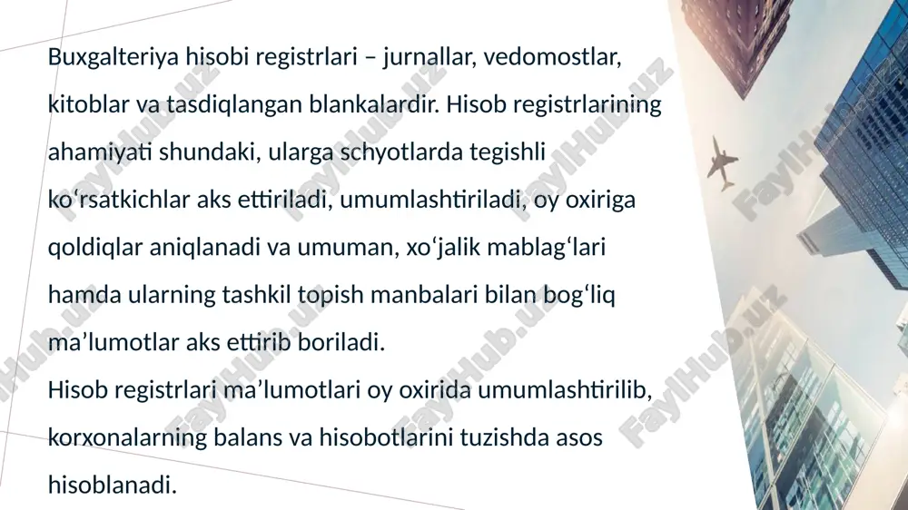 adigan balans va hisobot boshqa shakllarini o‘rnatilgan muddatda tegishli joylarga topshirish. buxgalteriya hisobi registrlari qanday dastlabki hujjatlar asosida rasmiylashtirilmasin quyidagi talablarga rioya etish zarurdir: 14 buxgalteriya hisobi registrlariga ma’lumot va ko‘rsatkichlar aks ettirilayotganda e’tiborsizlik, ma’suliyatsizlik, tajribasizlik oqibatida xato yozuvlar yozilishi mumkin. xato yozuvlar aks ettirilgani quyidagi holatlarda aniqlanishi mumkin: 1.xato yozuv faqat bir registrlarda aks ettirilgan. 2.xato yozuv noto‘g‘ri buxgalteriya provodkasi natijasida vujudga kelgan. 3.buxgalteriya yozuvlari to‘g‘ri, ammo aks ettirilgan summa ko‘p yoki kam yozilgan. buxgalteriya hisobi registrlarida xato yozuvni yuqorida keltirilgan qaysi holatlardan birida aniqlanganiga qarab, tuzatish yozuvlari amalga oshiriladi. xato tuzatishning quyidagi usullari mavjud: 1.“korrektura” usuli; 2.“qizil qalam” usuli; 3.“qo‘shimcha yozuv” usuli. “korrektura” usulidan xato yozuv faqat bir hisob registrida mavjudligi aniqlangan holatda foydalaniladi. “korrektura” usulining mohiyati shundaki, xato yozuv ustidan ingichka chiziq tortilib, uning yoniga to‘g‘ri yozuv yoziladi hamda bu haqda xato yozuvni to‘g‘rilagan javobgar shaxs yoki bosh buxgalter muddatni ko‘rsatib, imzo qo‘yadi. masalan, “materiallar” hisob schyotining …