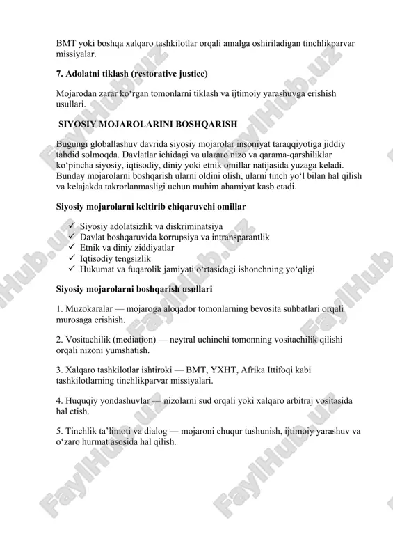 in. agar aholi muayyan qismi o‘z manfaatlari himoya qilinmayotganini sezsa, ular norozilik bildira boshlaydi, bu esa siyosiy beqarorlikka olib keladi. 2. etnik va diniy ziddiyatlar ko‘p millatli yoki ko‘p konfessiyali jamiyatlarda etnik va diniy guruhlar o‘rtasidagi kelishmovchiliklar siyosiy mojarolarga sabab bo‘ladi. o‘zini teng his qilmagan guruhlar, ko‘pincha, siyosiy hokimiyatga nisbatan norozilik bildiradi, bu esa separatizm, norozilik harakatlari va hatto qurolli to‘qnashuvlarga olib kelishi mumkin. 3. iqtisodiy omillar yuqori darajadagi ishsizlik, kambag‘allik, iqtisodiy tengsizlik siyosiy mojarolarning asosiy manbalaridan biridir. resurslarga adolatsiz kirish yoki korrupsiya siyosiy norozi kayfiyatlarni kuchaytiradi. 4. korrupsiya va boshqaruvdagi samarasizlik davlat tizimining samarasizligi, korrupsiya darajasining yuqoriligi, qonunlarning adolatsiz qo‘llanilishi jamiyatda ishonchsizlikni kuchaytiradi. bu ishonchsizlik esa siyosiy mojarolar uchun qulay shart-sharoit yaratadi. 5. tashqi aralashuvlar ba’zi hollarda tashqi kuchlar – xorijiy davlatlar, xalqaro tashkilotlar yoki transmilliy kompaniyalar mojarolarni ataylab qo‘zg‘atishi yoki kuchaytirishi mumkin. bunday aralashuvlar mojaroni murakkablashtirib, milliy suverenitetka tahdid soladi. 6. axborot va kommunikatsiya muammolari so‘nggi yillarda ijtimoiy …