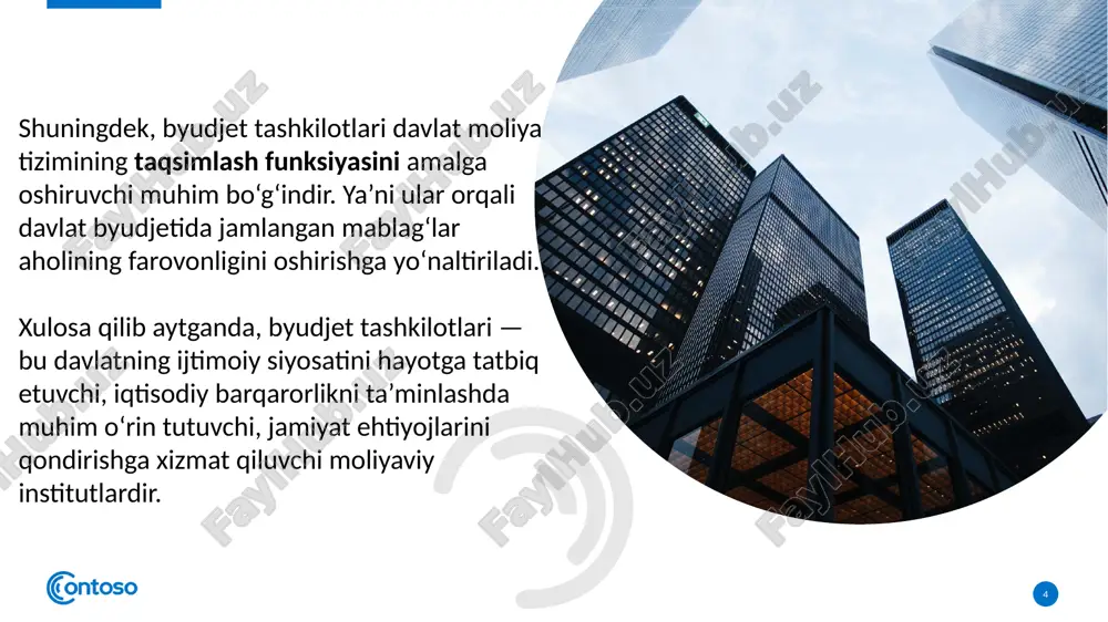 asalan, 211 – ish haqi, 221 – tovarlar va xizmatlar) asosida tizimlashtiriladi. smetani shakllantirish va tasdiqlash – tayyorlangan smeta tashkilot rahbari tomonidan tasdiqlanadi va yuqori turuvchi moliya organiga taqdim etiladi. ijro va nazorat – xarajatlar smetasi tasdiqlangandan so‘ng, g‘aznachilik orqali to‘lovlar amalga oshiriladi va har bir xarajat bo‘yicha moliyaviy hisobot yuritiladi. 10 smetaning ahamiyati xarajat smetasi: tashkilot faoliyatining moliyaviy chegaralarini belgilaydi; mablag‘lardan maqsadli foydalanish imkonini beradi; byudjet intizomini mustahkamlaydi; ichki va tashqi nazorat uchun asosiy hujjat bo‘lib xizmat qiladi. xulosa: byudjet tashkilotlari xarajatlarini to‘g‘ri tasniflash va smeta asosida rejalashtirish davlat mablag‘larining oqilona sarflanishini, shuningdek, tashkilot faoliyatining barqaror moliyaviy ta’minlanishini kafolatlaydi. 10 11 byudjet tashkilotlarini moliyalashtirish manbalari byudjet tashkilotlari quyidagi asosiy manbalar hisobidan moliyalashtiriladi: davlat byudjeti mablag‘lari – asosiy manba bo‘lib, davlat daromadlari hisobidan shakllantiriladi va tashkilotlarning asosiy faoliyatini moliyalashtirish uchun yo‘naltiriladi. maxsus mablag‘lar – byudjet tashkilotlari tomonidan to‘lovli xizmatlar (masalan, o‘quv kurslari, maslahat xizmatlari, ijaraga berish va h.k.) orqali olingan …