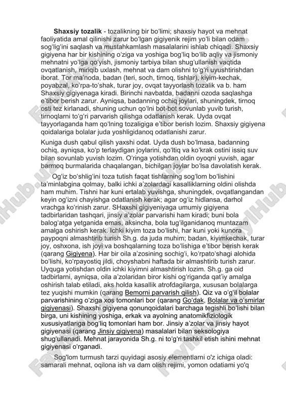 'lom turmush tarzi quyidagi asosiy elementlarni o'z ichiga oladi: samarali mehnat, oqilona ish va dam olish rejimi, yomon odatiami yo'q gilish, optimal harakat reimi, shaxsy gigiena, gattiqlashuv, muvozanatli ovgatlamsh va boshqalar. samarali mehnat sog'lom turmush tarzining muhim elementidir. inson salomatligiga biologik va ijtimoiy omillar ta'sir qiladi, ulardan asosiysi mehnatdir. mehnat va dam olishning ogilona rejimi soglom turmush tarzining zarur elementidir. to'g'ri va gatiy rioya gilingan rejim bilan tananing ishlashining aniq va zarur ritmi ishlab chigiladi, bu ish va dam olish uchun magbul sharoitlarni yaratadi va shu bilan salomatlilani mustahkamlaydi, ish faoliyatini yaxshilaydi va mahsuldorlikni oshiradi sog'lom turmush tarzining navbatdagi bosgichi yomon odatlarni (chekish, spirtli ichimliklar, giyohvand moddalar) yo'g gilishdir ushbu salomatlik muammolari ko'plab kasalliklami keltirib cigaradi, umr korish davomiyligini keskin gisqartiradi, mehnat unumdorligini pasaytiradi, yosh avlod salomatligi va bo'lajak bplalar salomatligiga yomon ta'sir giladi. soglom turmush tarzining keyingi komponenti muvozanatli ovgatlanishdir. bu hagda gapirganda, siz ikk asosiy gonunni eslab gohshingiz …