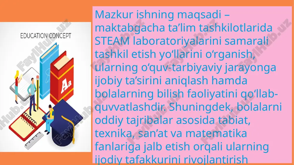 xulosa maktabgacha ta’limda steam laboratoriyalarini tashkil etish – ta’limni hayot bilan bog‘lovchi, bolalarning tabiiy qiziqishini rivojlantiruvchi va ularni kelgusidagi ilmiy faoliyatga tayyorlovchi eng samarali yo‘nalishlardan biridir. bu jarayon bolalarda mustaqillik, izlanuvchanlik, tafakkur kengligi va ijodiy fikrlashni shakllantirishda beqiyos ahamiyatga ega. e’tiboringiz uchun raxmat! image2.png image3.png image5.png image6.png image7.png image8.png /docprops/thumbnail.jpeg