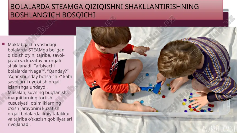 larni anglash; texnologiyalardan foydalanish madaniyati. bu jihatlar kelajakda ularning akademik tayyorgarligi va ijtimoiy moslashuvchanligini oshiradi. xulosa va tavsiyalar maktabgacha yoshdagi bolalarni steam faoliyatlariga jalb etish — ularning intellektual, ijodiy va ijtimoiy rivojlanishining asosiy garovidir. ta’lim jarayonida bolaga kuzatish, izlanish, yaratish imkoniyatini berish zarur. tarbiyachi, ota-ona va muassasa o‘rtasidagi hamkorlik bu jarayonni yanada samarali qiladi. tavsiya etiladi: har bir mashg‘ulotda fanlararo integratsiyani ta’minlash; amaliy tajribalar orqali o‘qitishni yo‘lga qo‘yish; bolalarni mustaqil qaror qabul qilishga o‘rgatish; steam muhitini zamonaviy vositalar bilan boyitish. e’tiboringiz uchun raxmat! image3.png image4.png image5.png image6.png image11.png