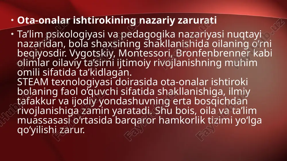 aoliyatini baholash mezonlari baholash tizimi faqat bola yutuqlarini emas, balki ota-onalarning hamkorlikdagi faolligini ham o‘z ichiga olishi lozim. mezonlar quyidagilardan iborat bo‘lishi mumkin: ishtirok chastotasi; o‘z takliflarini ilgari surish faolligi; oilaviy loyiha sifat ko‘rsatkichlari; bola rivojlanishidagi ijobiy o‘zgarishlar. hamkorlik jarayonidagi muammolar tahlillar shuni ko‘rsatadiki, ota-onalar bilan ishlashda bir qator muammolar mavjud: ota-onalarning pedagogik savodxonligi pastligi; texnik vositalardan foydalanish ko‘nikmasining sustligi; vaqt yetishmasligi; ba’zi hollarda befarqlik. bu muammolarni hal etish uchun moslashuvchan grafik, qisqa videoqo‘llanmalar va onlayn aloqa vositalaridan foydalanish samarali natija beradi. hamkorlikning ijtimoiy-pedagogik samarasi ota-onalar bilan hamkorlik tizimining shakllanishi maktabgacha ta’lim tashkilotining ijtimoiy mavqeini oshiradi, ta’lim jarayonining ochiqligini ta’minlaydi. bundan tashqari, ota-onalarda farzandining individual rivojlanishiga nisbatan mas’uliyat hissi kuchayadi, oilada ta’limiy qadriyatlar shakllanadi. xulosa steam texnologiyasi asosida ota-onalar bilan hamkorlikni tashkil etish — bu zamonaviy ta’limning integrativ modeli bo‘lib, bola, pedagog va oila o‘rtasidagi o‘zaro aloqaning sifatini oshiradi. ota-onalar ishtirokidagi steam faoliyati bolaning mustaqil fikrlovchi, ijodkor, texnik tafakkurga ega …