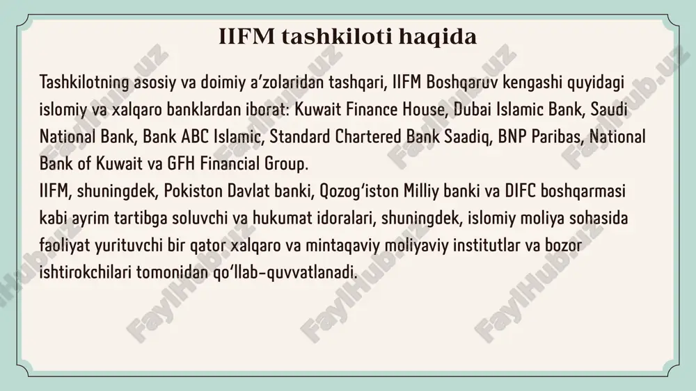ki dunyo bo‘yicha banklar foydalanadigan standart andozalar. yana nima qiladi? 🔹 seminarlar o‘tkazadi 🔹 treninglar qiladi 🔹 har yili sukuk bo‘yicha katta hisobot chiqaradi 🔹 turli huquqiy va shariatiy fikrlarni jamlab beradi xullas, iifm — bu islomiy moliyachilar uchun yo‘l ko‘rsatuvchi “yo‘l xarita” chizuvchi markaz. image1.jpeg image2.png image3.png image4.svg image5.png image6.png image7.png image8.jpeg image9.jpeg image10.png image11.png image12.jpeg image13.png image14.png /docprops/thumbnail.jpeg