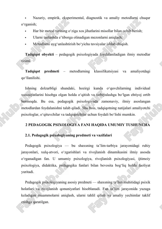 ilmiy tadqiqot usuli, o‘rganilayotgan masalani chuqur tahlil qilish, dalillarni yig‘ish va ularni umumlashtirishga qaratilgan. pedagogik psixologiyada bu metodlar yordamida o‘quvchilarni rivojlantirishning psixologik aspektlari o‘rganiladi. 2.5. ilmiy tadqiqot metodlarining turlari ilmiy tadqiqot metodlarini turli mezonlar asosida tasniflash mumkin. asosan, metodlar ilmiy tadqiqotning maqsadlariga, o‘rganilayotgan ob’ektning xususiyatlariga, tadqiqot jarayonida qo‘llaniladigan vositalarga qarab quyidagi turlarga bo‘linadi: 1. nazariy metodlar: · tahlil va sintez: tahlil – bu murakkab jarayonlarni qismlarga ajratish, sintez esa ajratilgan qismlarni birlashtirish usulidir. tahlil va sintez pedagogik psixologiyada o‘quvchi shaxsini o‘rganishda va uni rivojlantirish jarayonlaridagi psixologik o‘zgarishlarni tushunishda muhim rol o‘ynaydi. · induktsiya va deduksiya: induktsiya – ma’lumotlarni umumiy xulosalarga olib kelish jarayonidir, deduksiya esa, umumiydan maxsusga o‘tish usulidir. pedagogik psixologiyada bu metodlar o‘quvchilarning umumiy xulq-atvori asosida individual xususiyatlarni aniqlashda qo‘llaniladi. · model yaratish: bu metod pedagogik tizim yoki psixologik jarayonlarni aniq va oddiy shaklda ifodalashga yordam beradi. model yaratish yordamida o‘quvchilarni rivojlantirishning yangi usullari ishlab chiqilishi mumkin. 2. empirik …
