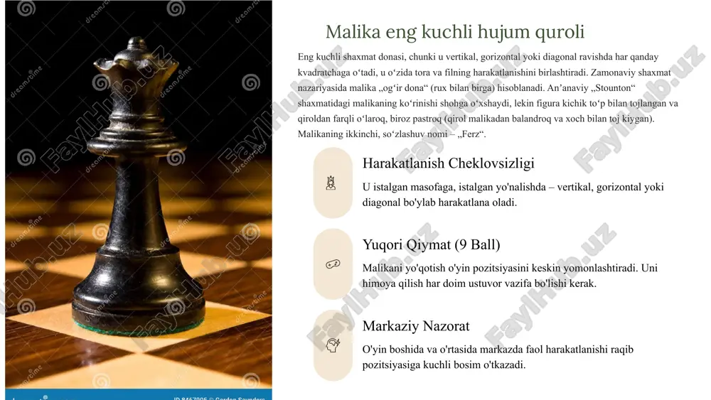 rakatda oq katakdan qora katakka va aksincha o'tadi, bu esa uning harakatini oldindan aytib bo'lmaydigan qiladi. sakrash qobiliyati taxtadagi yagona dona bo'lib, u yo'lida turgan har qanday donadan (o'zining yoki raqibning) bemalol sakrab o'ta oladi. yopiq pozitsiyalar ustasi donalar bilan tiqilinch bo'lgan yopiq pozitsiyalarda otning kuchi oshadi, chunki u to'siqlarni osongina yengib o'tadi. qiymati (3.5 ball) fil bilan bir xil qiymatga ega, lekin ularning kuchi pozitsiyaning turiga bog'liq (ochiqmi yoki yopiqmi). o'yin markazida ot eng samarali bo'ladi, chunki u markazdan 8 tagacha katakni nazorat qila oladi. 7 piyoda vertikal ravishda bir oraliq oldinga siljiydi. boshlangʻich pozitsiyasidan u birinchi harakatni ikki boʻshliq oldinga ham amalga oshirishi mumkin. bir maydonni diagonal oldinga yuradi. ikki kvadratlik harakatni amalga oshirayotganda, keyingi harakatda raqibning piyodasi tomonidan pasga olinishi mumkin. shaxmatda oddiy harakat va qoʻlga olish harakati boshqacha boʻlgan yagona dona. agar oʻyin davomida piyoda oxirgi darajaga yetsa, u oʻyinchining xohishiga koʻra shohdan tashqari har qanday …
