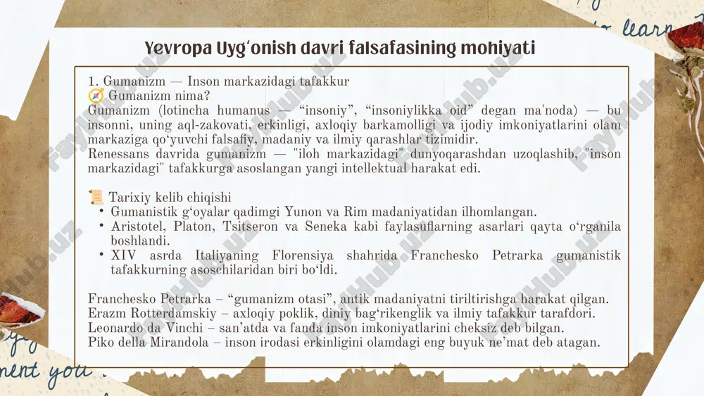 uchun kurashlarda faol ishtirok etgan. kitoblar va bilimga cheklov - diniy nazorat tufayli ko‘plab ilmiy va falsafiy asarlar taqiqlangan yoki yo‘q qilingan. erazm rotterdamskiy (niderlandiya) asari: "ahmoqlik madhiyasi" — ruhoniylarning ilmiy va axloqiy savodsizligini kinoya qilgan. individualizm individualizm — bu insonni mustaqil, noyob, o‘ziga xos fikrlaydigan va harakat qiladigan mavjudot sifatida tan oluvchi falsafiy qarashdir. bu tushuncha odamning o‘z hayoti, fikrlari, qarorlari va ijodiy imkoniyatlarini boshqalardan mustaqil ravishda rivojlantirish huquqini e’tirof etadi. uyg‘onish davrida individualizm — insonni diniy guruh yoki jamoa emas, shaxs sifatida qadrlash g‘oyasi orqali rivojlandi. yevropa uyg‘onish davri falsafasining mohiyati sekulyarizm — bu jamiyatda diniy ta’sir va nazoratdan xoli fikrlash, qaror qabul qilish va boshqaruv tizimini ilgari suruvchi g‘oya. u inson hayotining barcha sohalarida, ayniqsa ilm, siyosat, san’at va falsafada din aralashmasligi kerak deb hisoblaydi. lotincha “saeculum” so‘zidan olingan bo‘lib, “bu dunyoga oid” degan ma’noni bildiradi. nikollo makiavelli (1469–1527) siyosatni diniy qadriyatlardan ajratib, real hayotga asoslangan hukmronlikni …
