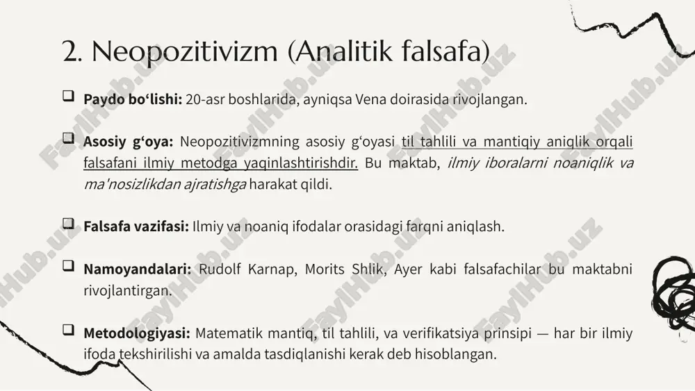 moyandalari: claude lévi-strauss (madaniyat), jacques lacan (psixoanaliz), michel foucault (tarix), va louis althusser (siyosat). metod: tizimni tashkil etuvchi elementlar va ularning o‘zaro bog‘liqligi orqali tahlil qilish. 10. postmodernizm asosiy g‘oya: postmodernizmda haqiqat mutlaq emas, har bir haqiqat ijtimoiy va madaniy sharoitda yaratiladi. postmodernizm ilmiy obyektivlik va taraqqiyot tushunchalarini tanqid qiladi. namoyandalari: jean-françois lyotard, michel foucault, jacques derrida, roland barthes. tanqid: postmodernistlar modernizmning buyuk rivoyatlariga, taraqqiyot va ilmiy obyektivlikka qarshi chiqqanlar. ular haqiqatni nisbiy va kontekstga bog‘liq deb hisoblashadi. xulosa xix-xx asr falsafasi bir qator yangi yondashuvlar va maktablar paydo bo‘lishiga sabab bo‘ldi, har biri o‘z davrining sharoitlariga mos tarzda ilm-fan, inson va jamiyat haqidagi qarashlarni yangicha talqin qilgan. bu maktablar falsafaning rivojlanishida va zamonaviy ilm-fan, madaniyat, va jamiyatni tushunishda muhim rol o‘ynadi. e’tiboringiz uchun raxmat! image12.png image16.jpg image5.png image1.png image3.png image4.png image9.png image10.png image13.png image11.png image17.png image2.png image18.png image7.png image19.png image20.png image8.png image6.png image21.png image14.png image15.png image22.png image23.png