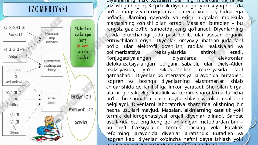 g qo‘llaniladi. polimerizatsiya jarayoni radikal yoki katalitik mexanizmlar orqali sodir bo‘ladi. masalan, radikal polimerizatsiyada boshqariladigan harorat va bosim sharoitida monomer zanjirlarining ketma-ket qo‘shilishi bilan polimer hosil bo‘ladi. katalitik polimerizatsiya ko‘pincha selektivlikni oshirish va molekulyar massani boshqarish uchun qo‘llaniladi. izopren – tabiiy va sintetik kauchuk ishlab chiqarishda muhim diyen hisoblanadi. tabiiy izopren kauchuk shaklida o‘simliklardan olinadi, xususan, hevea brasiliensis daraxtining shirasidan. sintetik izopren esa butan yoki boshqa uglevodorodlardan katalitik dehidrogenatsiya orqali olinadi. izopren polimerizatsiyasi natijasida hosil bo‘lgan polimerlar tabiiy kauchukning xossalariga yaqin bo‘lib, yuqori elastiklik va chidamlilikka ega. izopren asosidagi polimerlar farmatsevtik va texnik materiallar ishlab chiqarishda ham qo‘llaniladi. diyenlar sanoatda nafaqat polimerlar ishlab chiqarishda, balki boshqa organik birikmalar hosil qilishda ham keng qo‘llaniladi. masalan, butadien diels–alder reaktsiyalarida turli siklik birikmalar yaratishda ishlatiladi. bu jarayon orqali murakkab organik molekulalar, farmatsevtik vositalar va agroximik moddalarning sintezi amalga oshiriladi. diyenlar elektrofil qo‘shilish reaksiyalarida halogenlar, vodorod halogenidlar va suv bilan reaksiyaga kiradi, bu esa …