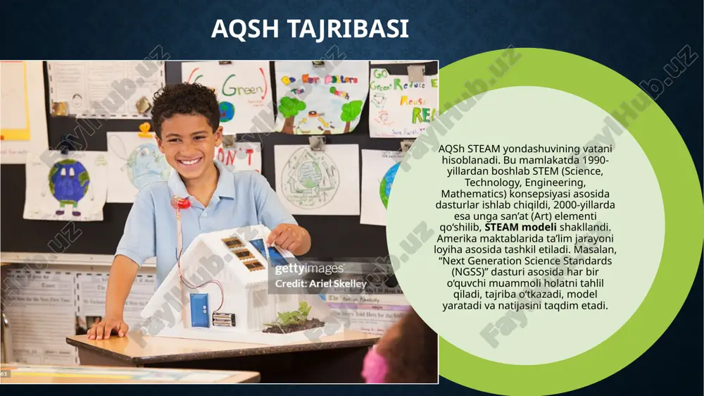 tish tizimini yo‘lga qo‘yish. tarbiyaviy jarayonda steamning o‘rni steam ta’limi bolalarda quyidagi tarbiyaviy fazilatlarni shakllantiradi: mas’uliyat va jamoaviylik; ijodiy va tanqidiy tafakkur; atrof-muhitga ongli munosabat; o‘z fikrini himoya qilish va muhokama madaniyati. bu jarayon ta’lim-tarbiya birligini mustahkamlaydi. xulosa va tavsiyalar xorijiy davlatlar tajribasi shuni ko‘rsatadiki, steam texnologiyasi — bu zamonaviy ta’limning yuragi. u nafaqat bilim berish, balki shaxsni to‘liq shakllantirish, mustaqil fikrlovchi, kreativ va ijtimoiy faol insonni tarbiyalashga xizmat qiladi. tavsiyalar: o‘zbekiston ta’lim tizimida xalqaro steam tajribalarini moslashtirish; tarbiyachilar va o‘qituvchilar uchun maxsus steam markazlarini tashkil etish; maktabgacha ta’limda bolalarning ijodiy salohiyatini rivojlantiruvchi dasturlarni ishlab chiqish; texnologiya va san’at uyg‘unligiga asoslangan o‘qitish modelini yaratish. e’tiboringiz uchun raxmat! image2.png image5.png image8.png image9.png