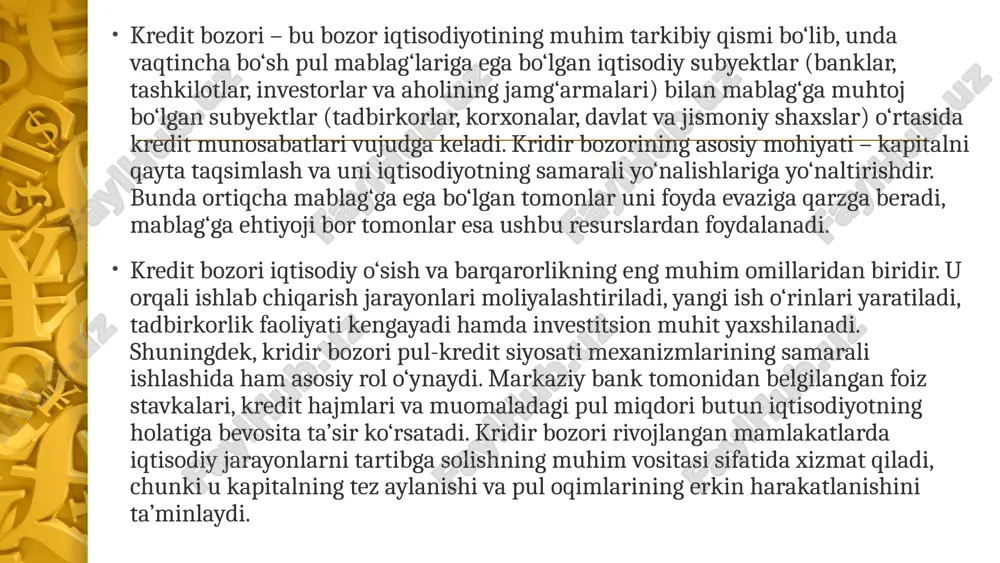 shadi. qarz oluvchilar esa yuridik va jismoniy shaxslar, davlat idoralari yoki korporatsiyalar bo‘lishi mumkin. ushbu ikki tomon o‘rtasidagi kredit munosabatlari turli moliyaviy vositalar va shartnomalar orqali tartibga solinadi. kredit bozori o‘z ichida bir nechta turlarga bo‘linadi. eng asosiy turlaridan biri — bank krediti bozori, bunda tijorat banklari o‘z mijozlariga turli maqsadlarda kredit beradi. davlat krediti bozorida esa davlat byudjeti yoki xalqaro moliya institutlari tomonidan kreditlar ajratiladi, bu odatda ijtimoiy loyihalarni yoki infratuzilmani rivojlantirishga yo‘naltiriladi. iste’mol krediti bozori jismoniy shaxslarga mo‘ljallangan bo‘lib, ularning tovarlar va xizmatlarni xarid qilish imkoniyatini kengaytiradi. korporativ kredit bozori esa yirik kompaniyalar o‘rtasidagi qarz va moliyaviy bitimlarni o‘z ichiga oladi. bundan tashqari, xalqaro kredit bozori ham mavjud bo‘lib, unda turli mamlakatlar o‘rtasida kapital almashinuvi amalga oshiriladi. oltin bozorining ahamiyati va narxiga ta’sir etuvchi omillar oltin bozori – bu oltinni sotib olish, sotish, saqlash va unga investitsiya kiritish bilan bog‘liq bo‘lgan iqtisodiy munosabatlar majmuasidir. oltin qadimdan insoniyat tarixida …