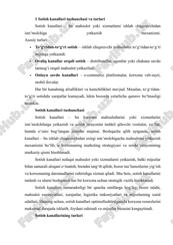 ida korxona resurslarini maksimal darajada ishlatib, foydani oshiradi va mijozlar bazasini kengaytiradi. sotish kanallarining turlari sotish kanallari turli mezonlarga ko‘ra tasniflanadi: to‘g‘ridan-to‘g‘ri va bilvosita (oraliq orqali) sotish, oflayn va onlayn kanallar, shuningdek, bir yoki ko‘p darajali distribyutsiya tizimlari. 1. to‘g‘ridan-to‘g‘ri sotish (direct sales) to‘g‘ridan-to‘g‘ri sotish – mahsulot ishlab chiqaruvchi tomonidan bevosita iste’molchiga yetkazilishi hisoblanadi. bu usulda oraliq bo‘lmaydi, shuning uchun mahsulot narxi past bo‘lishi va foyda yuqori bo‘lishi mumkin. afzalliklari: · oraliq vositachilar yo‘qligi sabab xarajatlar kamayadi. · mijozlar bilan bevosita aloqada bo‘lish orqali ular ehtiyojlarini yaxshiroq tushunish mumkin. · brend imiji va mijoz sadoqati oshadi. kamchiliklari: · bozor qamrovi cheklangan bo‘lishi mumkin. · katta miqdorda ishlab chiqarish va yetkazib berish zarur bo‘lganda logistik murakkabliklar yuzaga keladi. · savdo xodimlarini jalb qilish va boshqarish talab etiladi. amaliy misol: amazon yoki apple kompaniyasining o‘z veb-sayti orqali mahsulotlarni sotishi. 2. oraliq vositachilar orqali sotish (indirect sales) oraliq vositachilar – distributerlar, agentliklar, chakana …