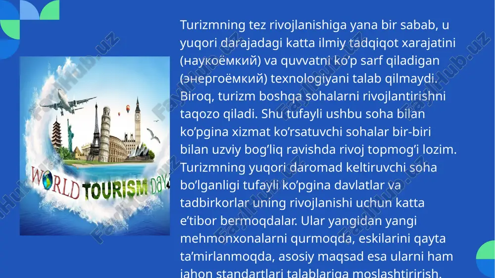 `zbekistonda turizmning rivojlanish holatlarini tahlil qilar ekanmiz, yurtimizda turizm sohasiga bo’lgan e’tibor oshganini va tashrif buyuruvchilar salmog`i ko’payganini kuzatishimiz mumkin. bu esa o‘z navbatida o‘zbekistonning xalqaro turizm bozorida o‘z o‘rnini egallayotganligidan dalolatdir. o`zbekistonning 70% hududlarini cho`l va adir mintaqasi egallaydi. bu mintaqada hozircha 55 ta turistik resurs ro’yhatga olingan. bu resurslar 14 ta alohida – alohida mavzularda ekanligi bepayon cho’l tabiati cho’l hududlari xalqi hayoti, cho’l hududlarining o’simliklar olami va hayvonot dunyosidan mahalliy turizm va xalqaro turizmni rivojlantirishda foydalanilsa turistlar oqimini yanada oshirish imkoniyati yuzaga keltiradi. turizm bugungi kunda dunyo iqtisodiyotining eng muhim sektorlaridan biri bo‘lib, u nafaqat daromad manbai, balki yangi ish o‘rinlarini yaratish, infratuzilmani rivojlantirish va madaniy aloqalarni mustahkamlashda ham muhim rol o‘ynaydi. xalqaro valyuta jamg‘armasi va jahon sayyohlik tashkiloti (unwto) ma’lumotlariga ko‘ra, turizm global yalpi ichki mahsulotning (yim) taxminan 10 foizini tashkil qiladi va bu ko‘rsatkich har yili o‘sib bormoqda. turizmning jahon iqtisodiyotiga ta’siri bevosita va bilvosita …