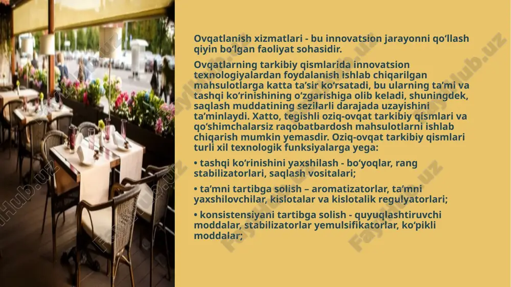 nnovatsiyalarga va yangiliklarga asoslangan ustun raqobat strategiyasini shakllantiradi. shuningdek, innovatsion marketing faqatgina bozordagi yangi mahsulotni yoki mavjud mahsulotni realizatsiya qilish emas, balki yangi texnologiyalardan: yangi mahsulot yoki texnologik jarayon bo‘yicha ixtiro va nou-xaular uchun litsenziyalarni sotish hamda uni tayyorlash uchun uskunalarni takomilashtirishni nazarda tutadi . ovqatlanish xizmatlari biznesi iqtisodiy islohotlarning boshidanoq bozor munosabatlari to‘liq namoyon bo‘lgan ichki iqtisodiyotning kam sonli sohalaridan biri bo‘lib, bugungi kunda u o‘zbekiston xizmat ko‘rsatish bozorining eng jadal rivojlanayotgan va yuqori daromadli segmentlaridan biridir, shuning uchun investitsiyalar uchun istiqbolli va tadbirkorlar uchun jozibador bo‘lib hisoblanadi. keyingi yillarda ovqatlanish korxonalari faoliyatida marketingdan foydalanish ularning muvaffaqiyatli faoliyat yuritishining eng muhim shartlaridan biriga aylandi. shuning uchun, ovqatlanish xizmatlari tarmog‘i uchun marketing faoliyati eng zarur vazifalardan biridir. ovqatlanish xizmatlari biznesidagi zamonaviy tendensiyalar yuqori iste’mol xususiyatlariga ega bo‘lgan mahsulotlarning yangi turlarini yaratish bilan ham, ovqatlanish xizmatlari bozoridagi korxonalar faoliyatining iqtisodiy samaradorligi bilan ham bog‘liq. ovqatlanish xizmatlari biznesida raqobatning kuchayishi sharoitida ovqatlanish …