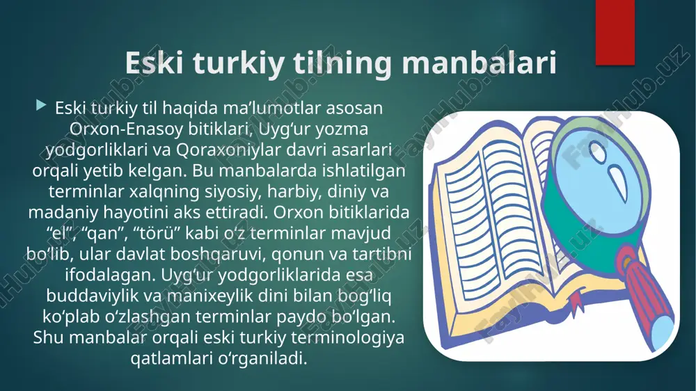 sb etadi. mahmud koshg‘ariy asarlarida terminlar mahmud koshg‘ariyning “devonu lug‘otit-turk” asari eski turkiy terminologiyani o‘rganishda asosiy manba hisoblanadi. unda o‘z terminlar bilan bir qatorda arab va fors tillaridan kirgan o‘zlashgan atamalar ham uchraydi. u “til”, “el”, “qan”, “yurt”, “sav” kabi o‘z terminlarni izohlagan, ularning ma’nosini tahlil qilgan. bu asar turkiy tildagi terminologik qatlamni tizimlashtirish, ularni ilmiy jihatdan baholash va tildagi tarixiy o‘zgarishlarni o‘rganishda katta ahamiyatga ega. o‘zlashgan qatlamning tilga ta’siri o‘zlashgan terminlar turkiy tilda semantik kengayish, morfologik moslashuv va fonetik o‘zgarishlarga sabab bo‘lgan. masalan, arabcha “ilm” so‘zi turkiy “bilim” bilan bir qatorda qo‘llanila boshlangan. “kitab” so‘zi esa turkiy ot yasovchi qo‘shimchalar bilan “kitabçı” shaklida ishlatilgan. bu holat tilning moslashuvchanligini va terminlarni o‘zlashtirishdagi tabiiy jarayonni ko‘rsatadi. o‘zlashgan qatlam tilning boyishini, ilmiy ifoda imkoniyatini kengaytirgan eʼtiboringiz uchun rahmat! image6.jpeg image7.jpeg image8.jpeg image9.jpeg image10.jpeg image2.png image3.png image4.png image5.png /docprops/thumbnail.jpeg
