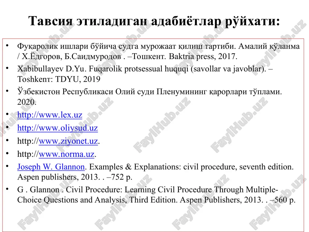 shqacha qilib aytganda, huquqiy munosabatlarni vujudga keltiradigan asoslar bo'lgandagina vujudga kelishi, o'zgarishi va bekor bo'lishi mumkin. fuqarolik protsessual huquqiy munosabatlarning vujudga kelishi asoslari protsessual huquq me'yor (norma)lari yuridik faktlar protsessual huquq layoqati sud ishda ishtirok etuvchi shaxslar odil sudlovni amalga oshirishga ko'maklashuvchi shaxslar fuqarolik protsessual huquqi nazariyasida fuqarolik protsessual huquqiy munosabatlar sub'ektlari quyidagi uch guruhga bo'linadi: taraflar, uchinchi shaxslar, ularning vakillari, protsessda boshqa shaxslarning huquqlari va qonun bilan qo'riqlanadigan manfaatlarini himoya qilishda ishtirok etadigan prokuror, davlat boshqaruvi organlari, tashkilotlar va ayrim fuqarolar tan olinadi. ishda ishtirok etuvchi shaxslar deb * reja adabiyot slayd glossariy savollar video mavzu glossariy fuqarolik protsessual huquqi - fuqarolik ishlarini ko'rishda odil sudlovni amalga oshirish jarayonida sud va protsess ishtirokchilari o'rtasidagi ijtimoiy huquqiy munosabatlarning fuqarolik protsessual qonun normalari bilan tartibga solishga qaratilgan fuqarolik protsessual harakat va huquqiy munosabatlar tizimi. fuqarolik protsessi - fuqarolik protsessual huquqining yashash shakli sanaladi. fuqarolik protsessual huquqining asosiy tarkibiy qismi bo'lib, bevosita …