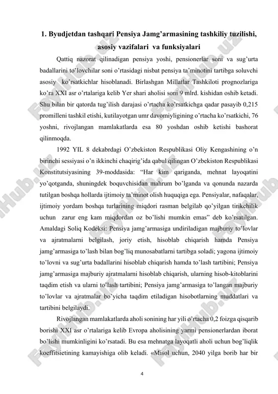 a tizimi bir pensionerga 3-4 nafar ishlovchi to’g’ri kelgan vaqtdagina samarali hisoblanadi. sanoat jihatdan taraqqiy etgan mamlakatlarning aksariyatida xx asr boshlarida 65 va undan katta yoshdagi aholiga 4-5 nafardan mehnatga layoqatli aholi to’g’ri kelgan bo’lsa, 2020-2025 yillarga borib ushbu nisbat evropa mamlakatlarida 1/2,5, aqshda esa 1/3,5 ni tashkil etishi kutilmoqda»[footnoteref:4]. «aqshda pensiyaga chiqish yoshini bosqichmabosqich uzaytirish jarayoni 1983 yildan boshlangan bo’lib, ushbu ko’rsatkich 67 yoshgacha uzaytiriladi. buyuk britaniyada pensiyaga chiqish ayollar uchun 65 yosh, keyinchalik 2024-2046 yillarda ayollar va erkaklar uchun pensiya yoshi 68 yoshga qadar uzaytiriladi». [3: 1frantsiya: pensionnaya reforma [elektronniy resurs] //noviy pensioner. rejim dostupa: http://www.pencioner.ru/ (data obrashcheniya 01.12.2015).] [4: world population prospects, volume i-ii/population division /undesa/un secretariat, new york, 2015. ma’lumotlari.] o’zbekiston respublikasi mehnat kodeksining “davlat ijtimoiy sug’urtasi” deb nomlangan xvi bobda fuqarolarning pensiya ta’minoti va ijtimoiy sug’urtasi bo’yicha huquqlari, shuningdek, davlat ijtiomiy sug’urtasi bo’yicha beriladigan nafaqalar, davlat pensiyalari, ularning turlari aks ettirilgan. mehnat kodeksiga ko’ra: – …