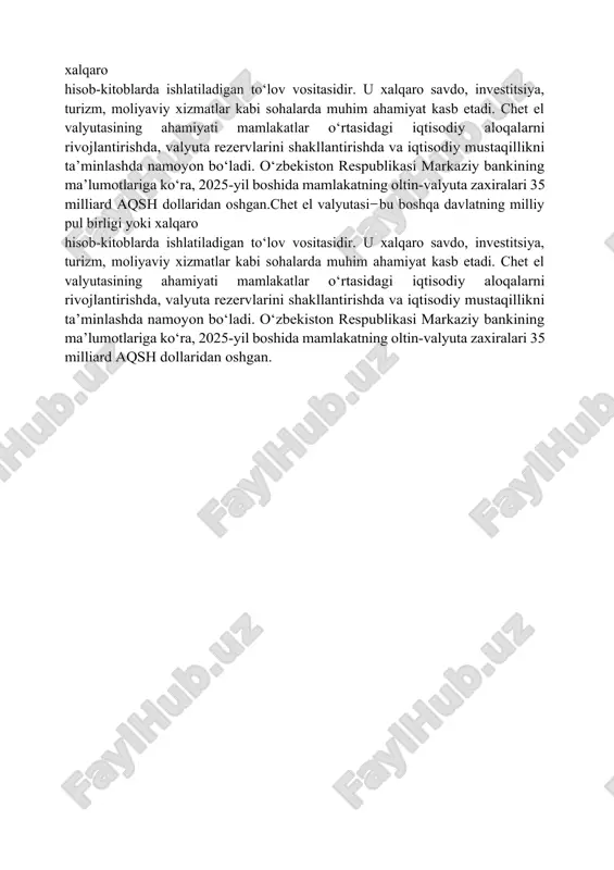 an.chet el valyutasi ̶ bu boshqa davlatning milliy pul birligi yoki xalqaro hisob-kitoblarda ishlatiladigan to‘lov vositasidir. u xalqaro savdo, investitsiya, turizm, moliyaviy xizmatlar kabi sohalarda muhim ahamiyat kasb etadi. chet el valyutasining ahamiyati mamlakatlar o‘rtasidagi iqtisodiy aloqalarni rivojlantirishda, valyuta rezervlarini shakllantirishda va iqtisodiy mustaqillikni ta’minlashda namoyon bo‘ladi. o‘zbekiston respublikasi markaziy bankining ma’lumotlariga ko‘ra, 2025-yil boshida mamlakatning oltin-valyuta zaxiralari 35 milliard aqsh dollaridan oshgan.chet el valyutasi ̶ bu boshqa davlatning milliy pul birligi yoki xalqaro hisob-kitoblarda ishlatiladigan to‘lov vositasidir. u xalqaro savdo, investitsiya, turizm, moliyaviy xizmatlar kabi sohalarda muhim ahamiyat kasb etadi. chet el valyutasining ahamiyati mamlakatlar o‘rtasidagi iqtisodiy aloqalarni rivojlantirishda, valyuta rezervlarini shakllantirishda va iqtisodiy mustaqillikni ta’minlashda namoyon bo‘ladi. o‘zbekiston respublikasi markaziy bankining ma’lumotlariga ko‘ra, 2025-yil boshida mamlakatning oltin-valyuta zaxiralari 35 milliard aqsh dollaridan oshgan.chet el valyutasi ̶ bu boshqa davlatning milliy pul birligi yoki xalqaro hisob-kitoblarda ishlatiladigan to‘lov vositasidir. u xalqaro savdo, investitsiya, turizm, moliyaviy xizmatlar kabi sohalarda muhim …