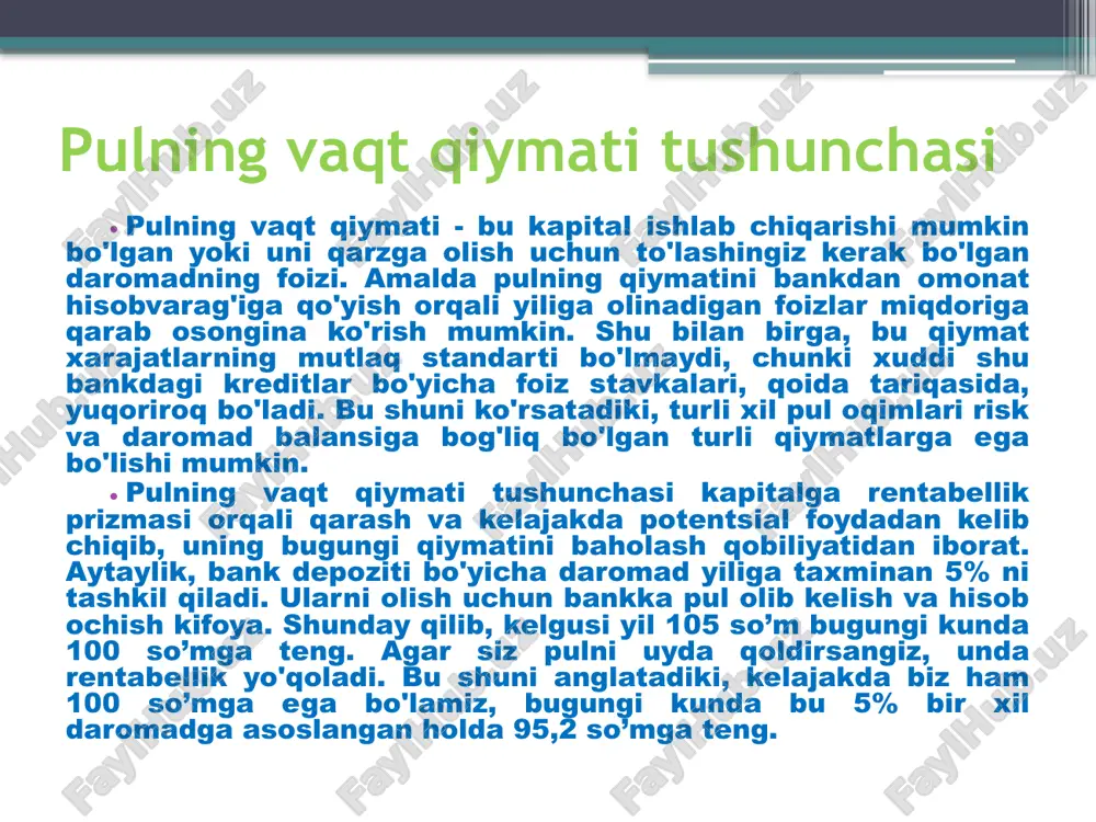 iborat bo'lib, uning ishi vaqt oraliqlari ko'rinishida ko'rsatilishi mumkin. misol uchun, biz bankda omonat ochmoqchimiz, u 3 yil davomida yillik 5% ni tashkil qiladi. bugun bizda 100 so’m bor va biz depozit muddati oxirida qancha pul bo'lishini bilishga qiziqamiz. murakkab foiz birinchi bosqich uchun hisob-kitob qilish uchun siz birinchi yil uchun foizlar miqdorini dastlabki depozit miqdoriga qo'shishingiz kerak: murakkab foiz 105 = 100 × (1 + 0,05); xuddi shunday tartib o'tgan davrning yakuniy natijasiga asoslanib, ikkinchi va uchinchi yillar uchun ham amalga oshirilishi mumkin. murakkab foiz 110,25 = 105 × (1 + 0,05) = 100 × (1 + 0,05) × (1 + 0,05); agar diqqat bilan qarasangiz, har qanday davr uchun murakkab foizlarni hisoblash uchun siz universal formulani olishingiz mumkin: 110,25 = 100 × (1 + 0,05)2; 115,76 = 100 × (1 + 0,05)3 diskontlash(chegirma) diskontlash - bu murakkab foizlarni hisoblash-ning teskari jarayoni. pulning vaqt qiymati nuqtai nazaridan, u kelajakdagi …