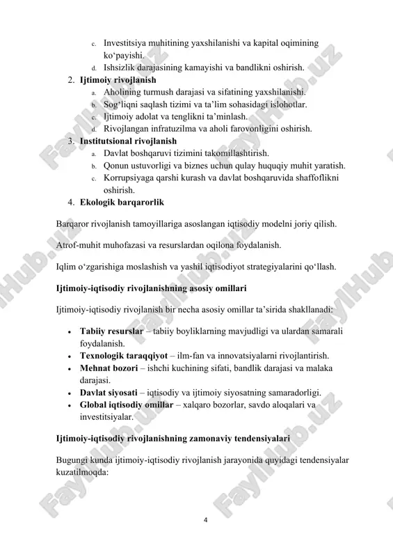 y intellekt, blokcheyn texnologiyalari va avtomatlashtirish jarayonlarining iqtisodiy faoliyatga ta’siri ortib bormoqda. 2. urbanizatsiya va infratuzilma modernizatsiyasi – yirik shaharlarning rivojlanishi va zamonaviy infratuzilmaning kengayishi. 3. barqaror rivojlanish strategiyalari – yashil iqtisodiyot, qayta tiklanadigan energiya manbalaridan foydalanish va atrof-muhitni muhofaza qilish bo‘yicha sa’y-harakatlarning kuchayishi. 4. iqtisodiy diversifikatsiya – neft va gaz sanoatiga qaramlikni kamaytirish, yangi sanoat tarmoqlarini rivojlantirish. 5. inson kapitaliga sarmoya kiritish – ta’lim va sog‘liqni saqlash tizimlarini modernizatsiya qilish orqali iqtisodiy samaradorlikni oshirish. ijtimoiy-iqtisodiy rivojlanish bevosita davlat siyosati, bozor mexanizmlari va global jarayonlar bilan bog‘liq bo‘lib, barqaror va uzoq muddatli rivojlanish uchun kompleks yondashuv talab etadi. shu sababli, mamlakatlar ushbu yo‘nalishlarni qo‘llab-quvvatlash uchun turli institutsional islohotlar va strategiyalarni amalga oshiradilar. 6 institutlarning ijtimoiy-iqtisodiy rivojlanishdagi roli ijtimoiy-iqtisodiy rivojlanish jarayonida institutlar muhim ahamiyatga ega bo‘lib, ular iqtisodiy munosabatlarni tartibga soluvchi va jamiyatning barqaror taraqqiyotini ta’minlovchi tizimli qoidalar, me’yorlar va tashkilotlardan iborat. institutlar davlat boshqaruvi, huquqiy tizim, ta’lim, sog‘liqni saqlash, moliyaviy …