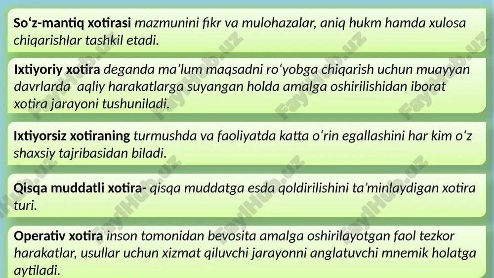 ridan ko’ra, yaxshiroq esda olib qolindi? nima uchun? 1. 100%–75%–a`lo, 2. 75%–50%–yaxshi, 3. 50%–25%–o’rta, 4. 25%–0–past xulosa. hamma so’z ham birdek esda yaxshi qolmaydi. emotsional kuchli yoki ahamiyatli materiallar yaxshi esda olib qolinadi. /docprops/thumbnail.jpeg