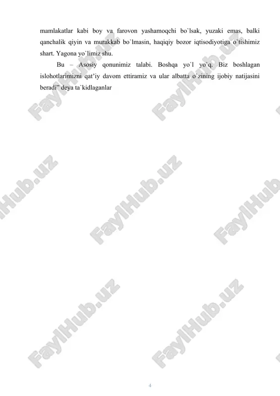 ga taklif etuvchilardir. uy xo`jaliklari, birinchidan, oddiy iste`molchilardan (masalan, oila yoki yakka shaxsdan), ikkinchidan, resurs egalaridan iborat. ular xaridor sifatida bozordan tovarlar va xizmatlarni olsa, sotuvchi sifatida ish kuchi, yer va pul mablag`ini bozorga chiqarib sotadilar. ish kuchi mehnat bozorida, yer ko`chmas mulk bozorida, pul esa moliya bozorida sotiladi, bular birgalikda resurslar bozori deyiladi. uy xo`jaliklari resurs bozoriga tovar chiqarib, u yerdan pul oladilar. bu pulni tovarlar bozoriga chiqarib, u yerdan iste`mol buyumlari oladilar. tovar ishlab chiqaruvchi firmalar, fermer xo`jaliklari yoki yakka tartibda ishlab chiqaruvchilardan iborat. ishlab chiqaruvchilar ham ikki bozorda ish ko`radilar. ular resurs bozoridan ish kuchi, xomashyo, yer, kredit va boshqa shu kabilarni sotib oladilar. ayni paytda ular bozorga tovar chiqarib, u yerdan pul oladilar. bozordan tovarni sotib olish uchun pul kerak, buning uchun esa nimanidir sotish kerak. demak, xaridor, albatta, sotuvchi vazifasini ham o`tashi lozim.[footnoteref:1]uy bekasi bozor qilganda pul bilan chiqib, uyiga tovar bilan qaytadi. u go`yo …
